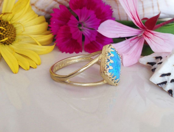 October Birthstone Blue Opal Square Crown Statement Double Band Ring - H.L.Jewelry