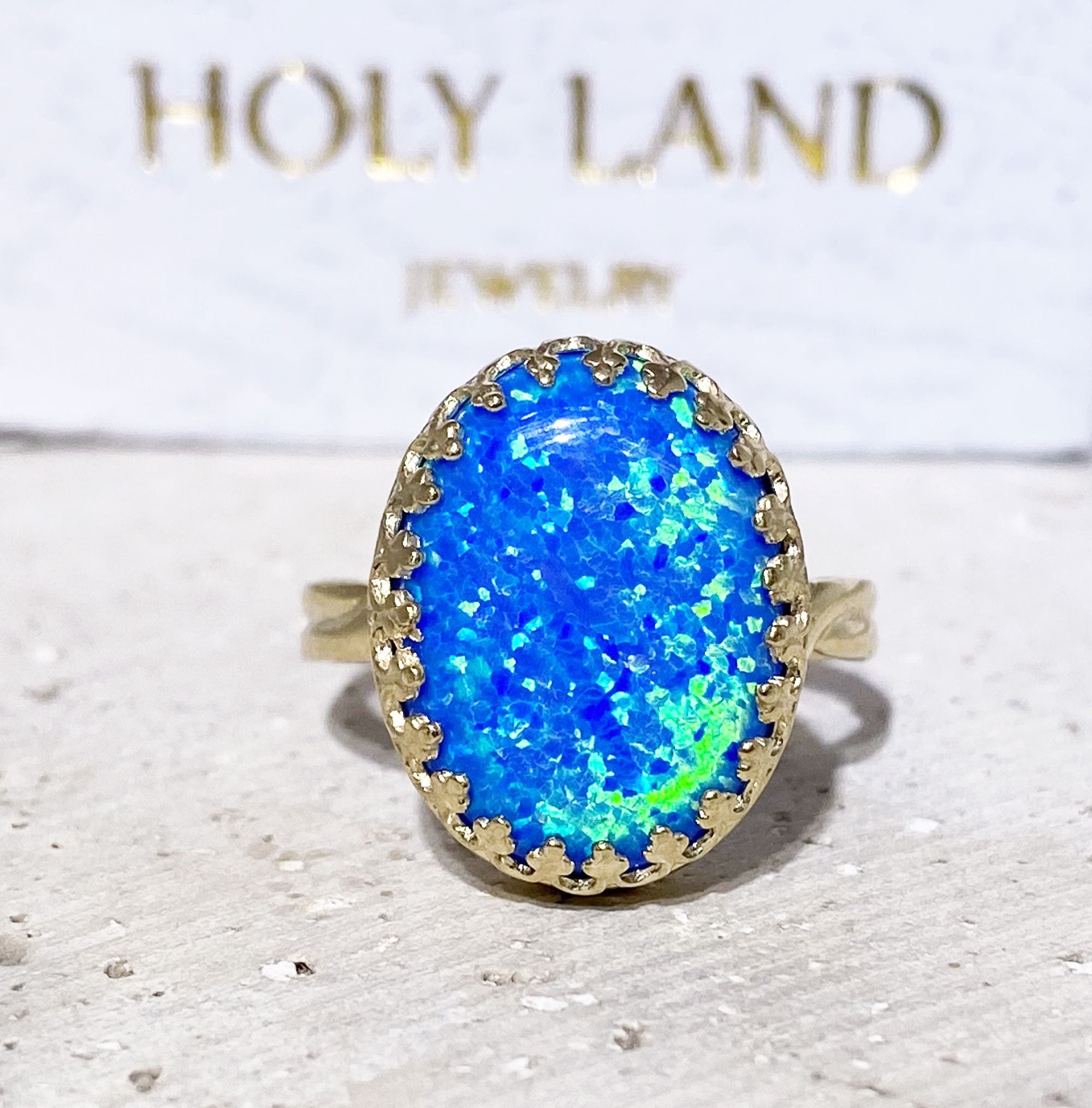 October Birthstone Large Oval Blue Opal Crown Ring - H.L.Jewelry