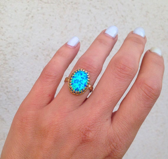 October Birthstone Large Oval Blue Opal Crown Ring - H.L.Jewelry