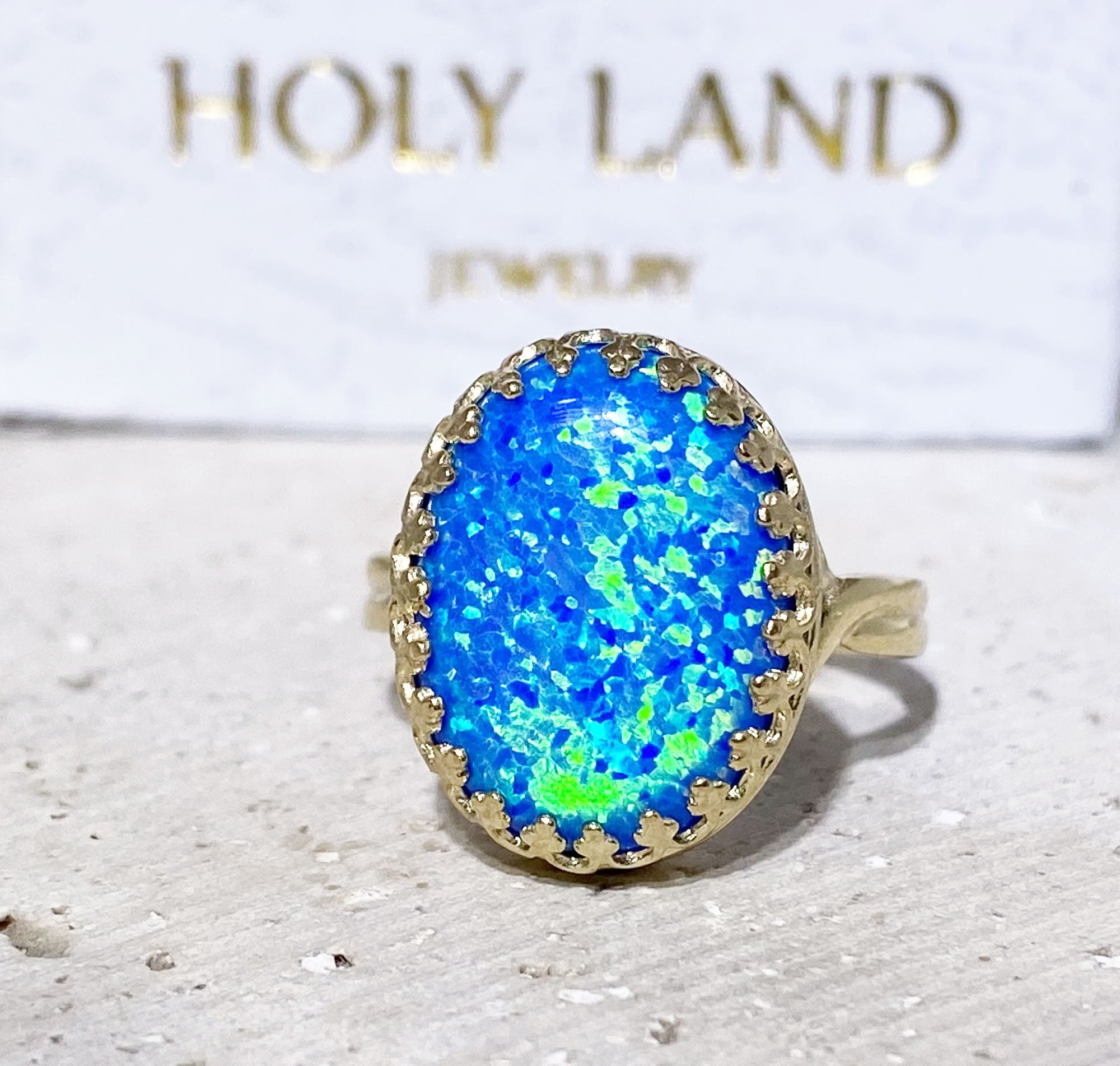 October Birthstone Large Oval Blue Opal Crown Ring - H.L.Jewelry