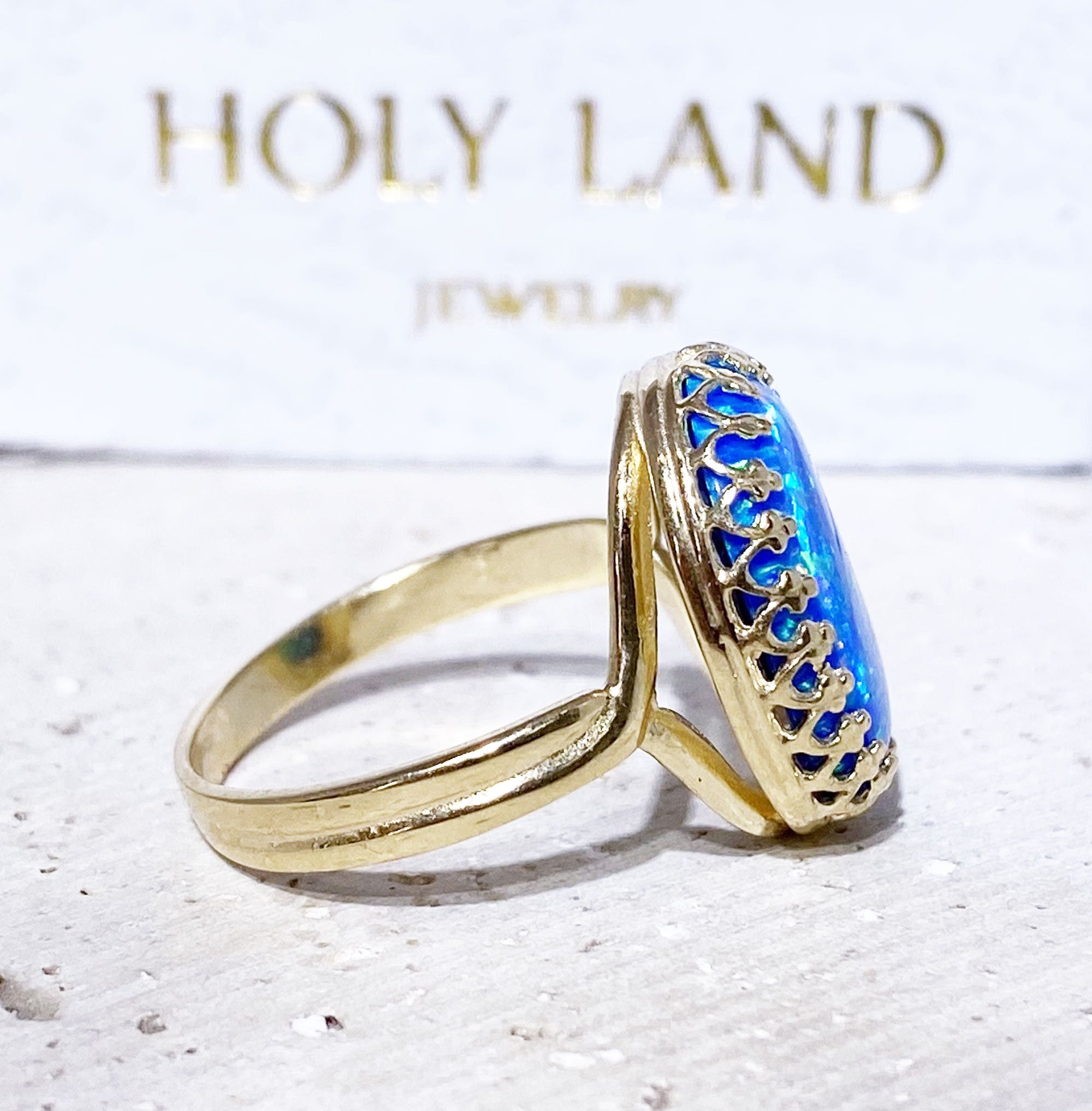 October Birthstone Large Oval Blue Opal Crown Ring - H.L.Jewelry