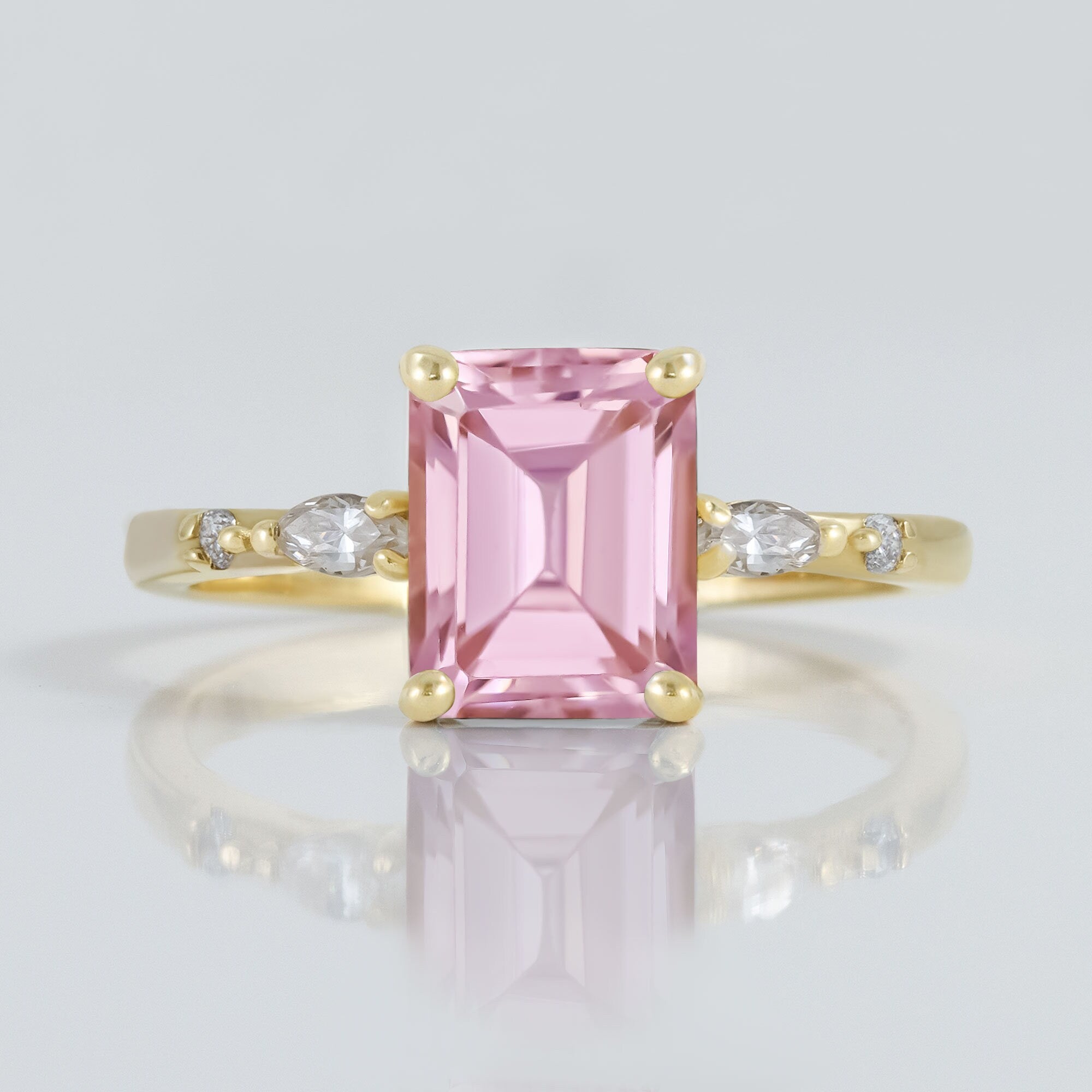 October Birthstone Octagon Rose Quartz Ring with Clear Quartz Accents - H.L.Jewelry