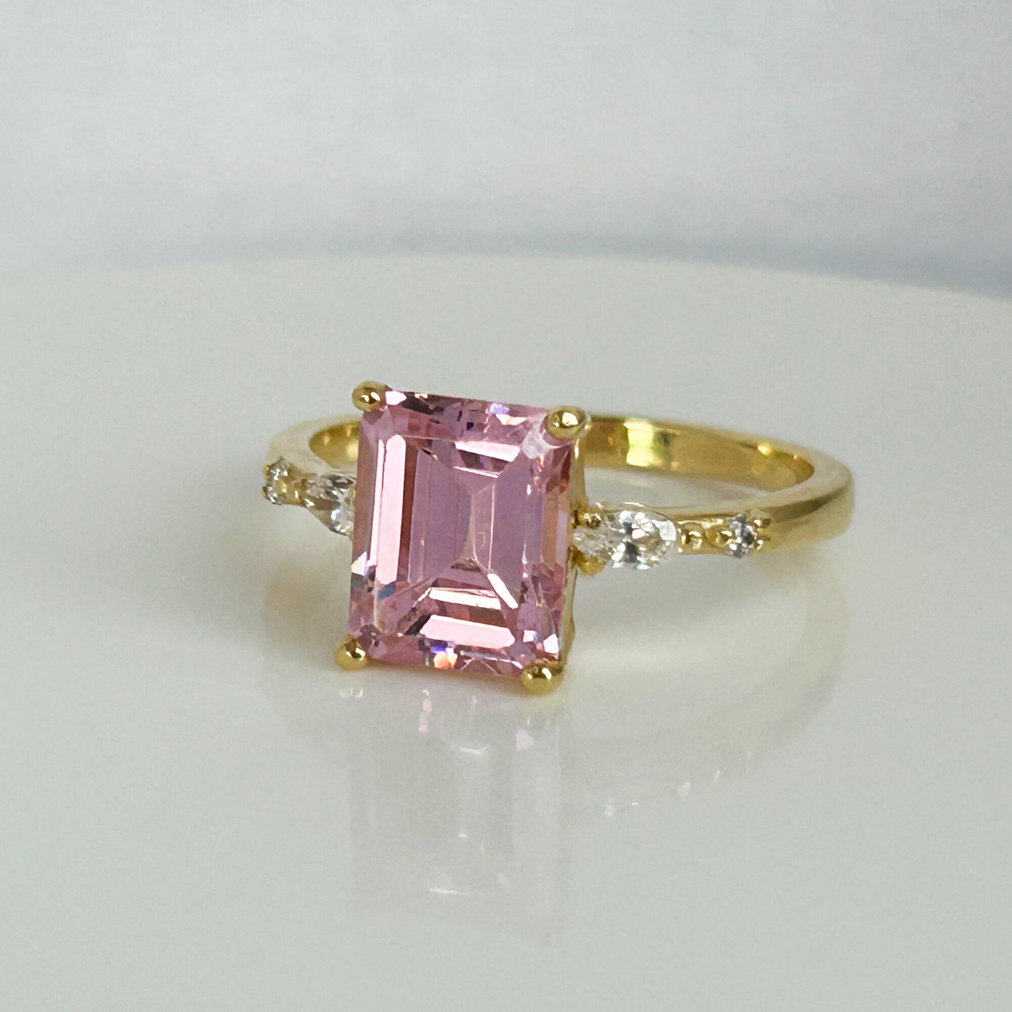 October Birthstone Octagon Rose Quartz Ring with Clear Quartz Accents - H.L.Jewelry