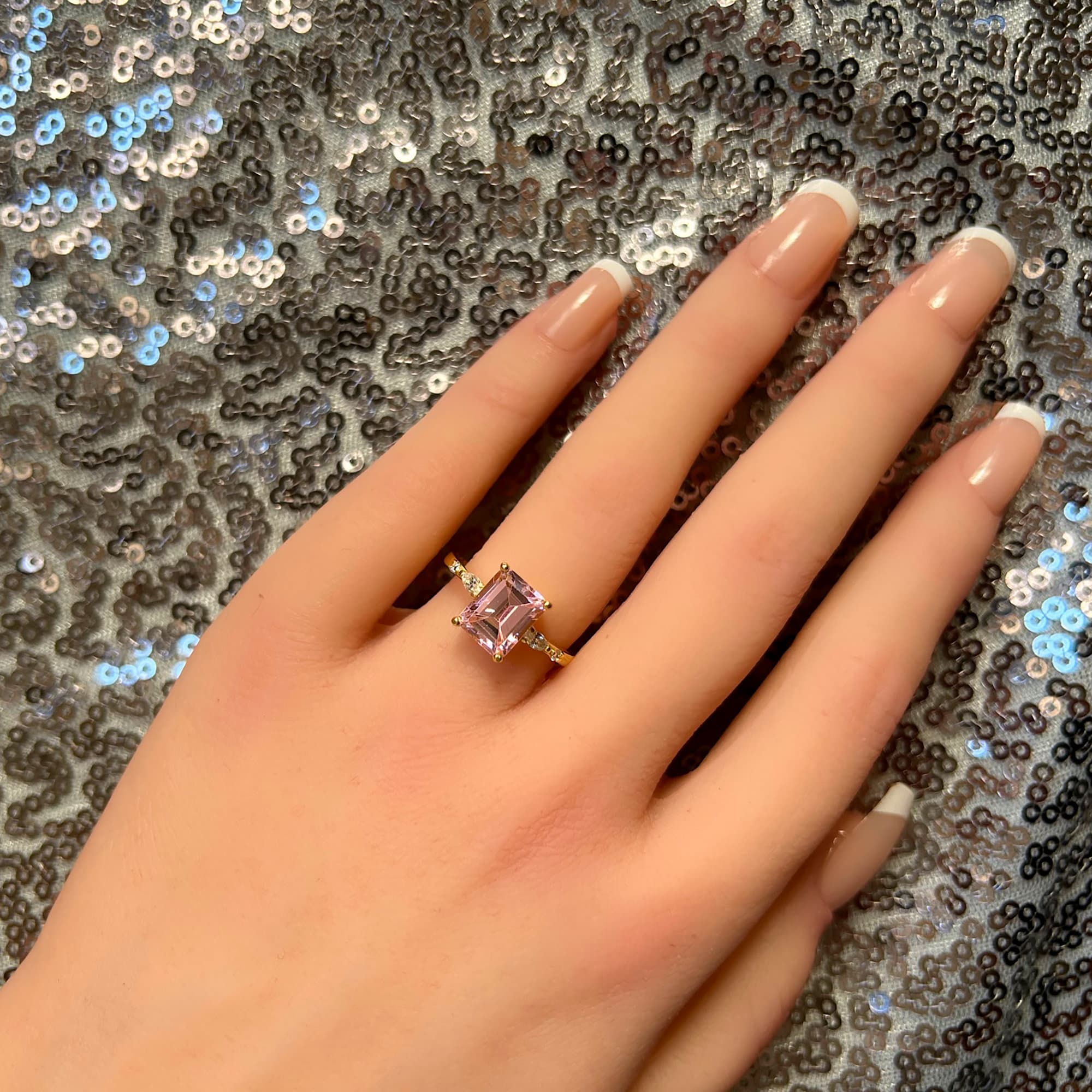 October Birthstone Octagon Rose Quartz Ring with Clear Quartz Accents - H.L.Jewelry