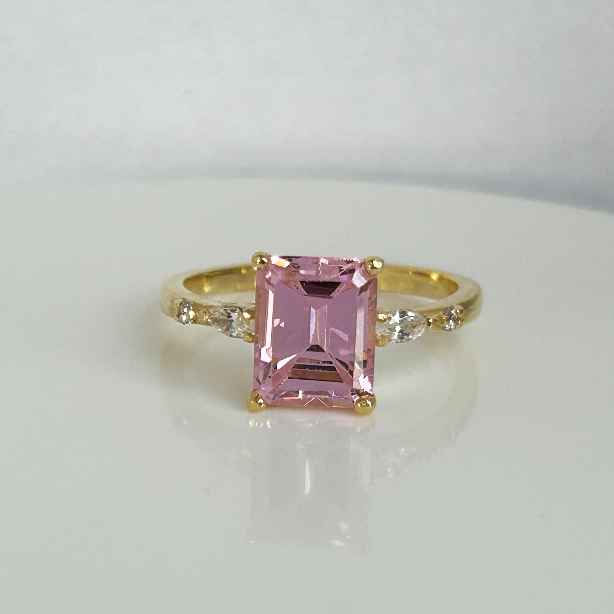 October Birthstone Octagon Rose Quartz Ring with Clear Quartz Accents - H.L.Jewelry