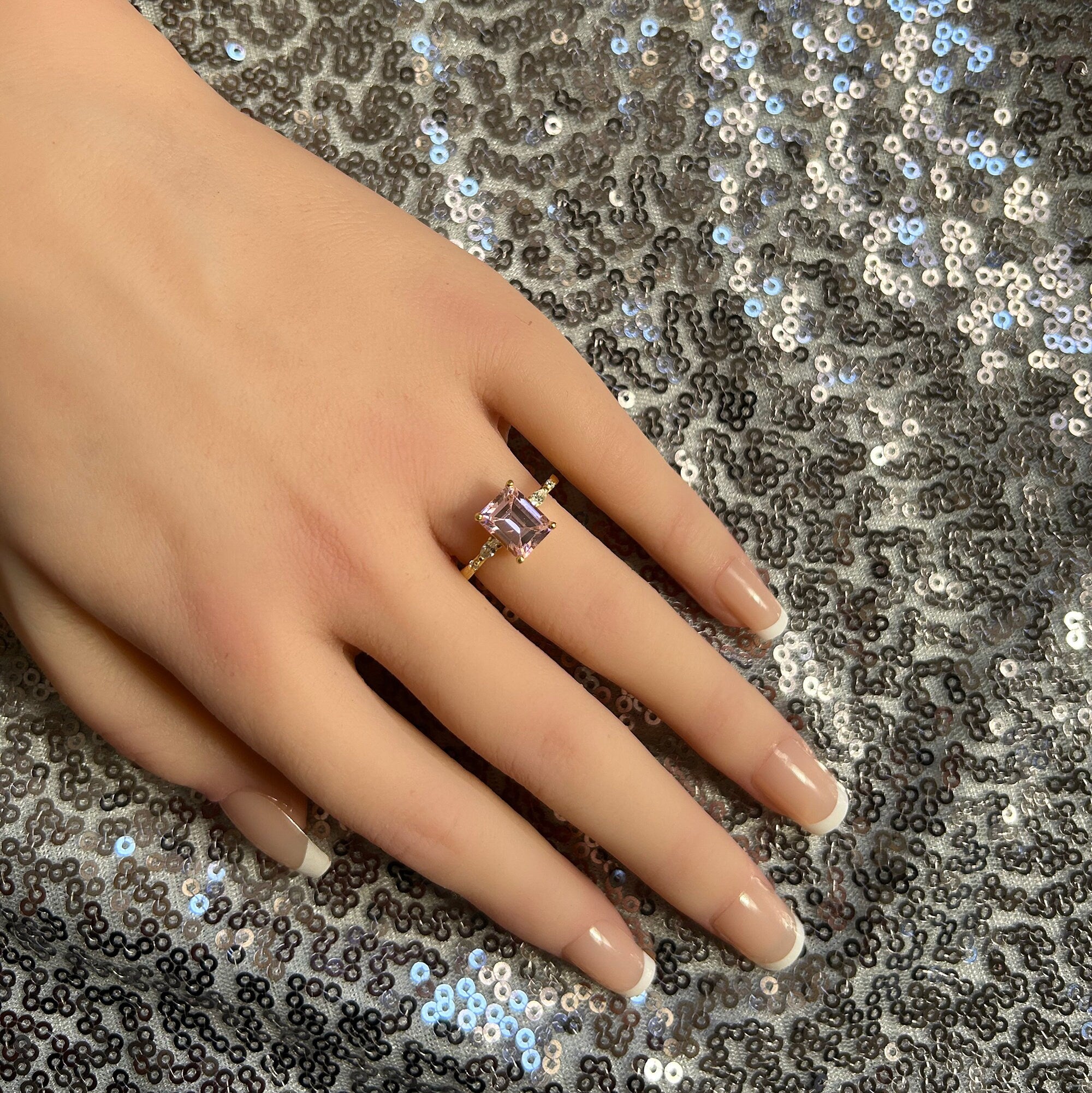 October Birthstone Octagon Rose Quartz Ring with Clear Quartz Accents - H.L.Jewelry