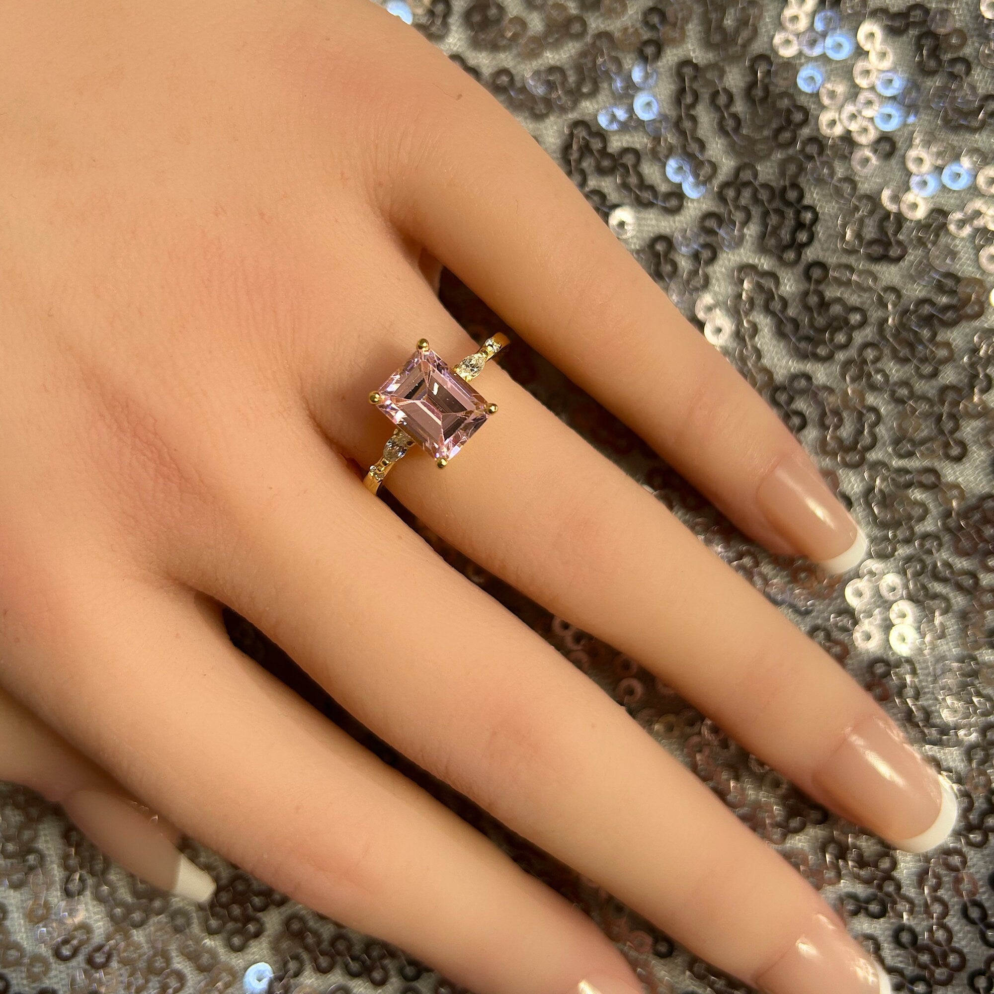 October Birthstone Octagon Rose Quartz Ring with Clear Quartz Accents - H.L.Jewelry