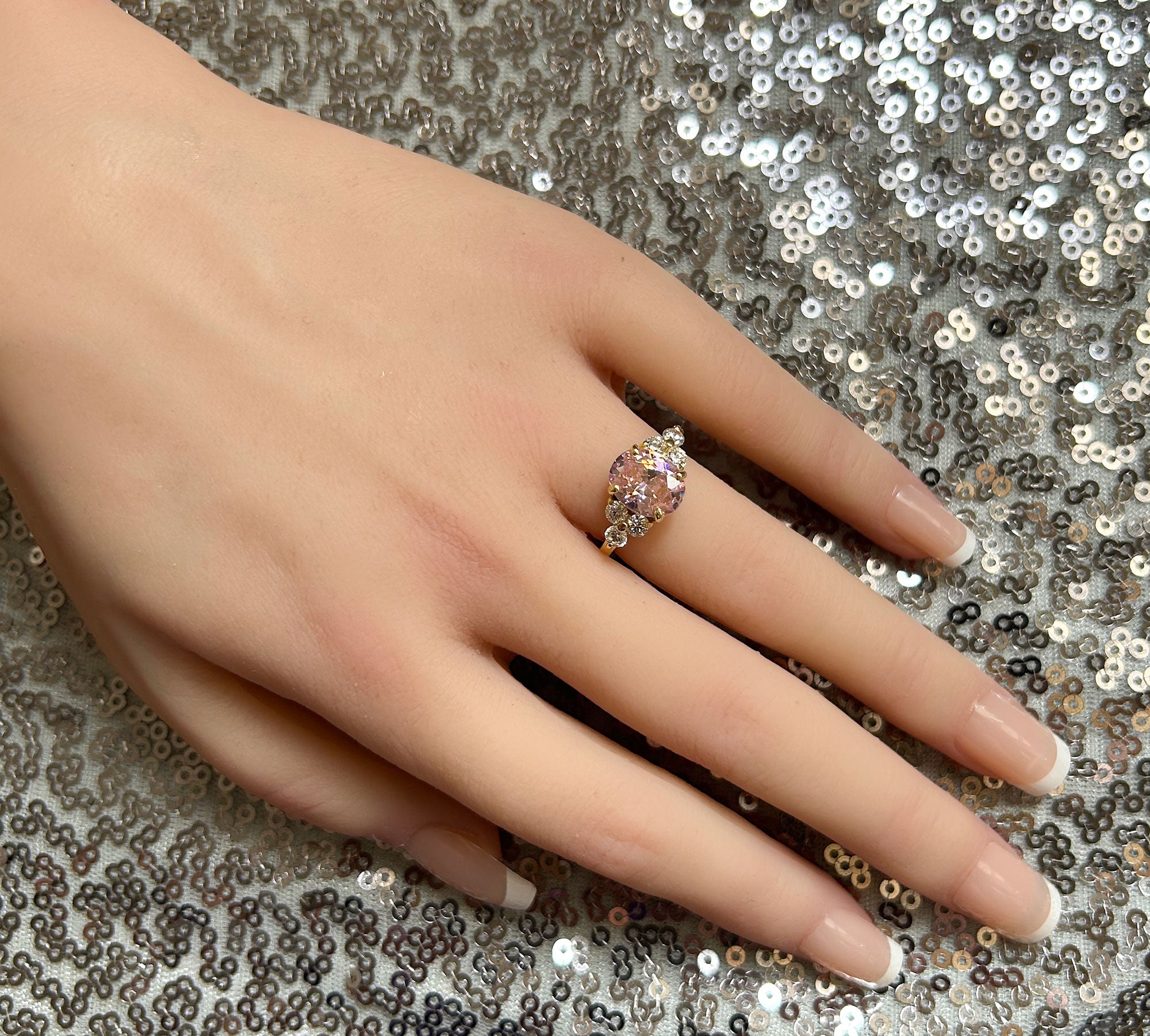 October Birthstone Oval Rose Quartz Ring with Clear Quartz Accents - H.L.Jewelry