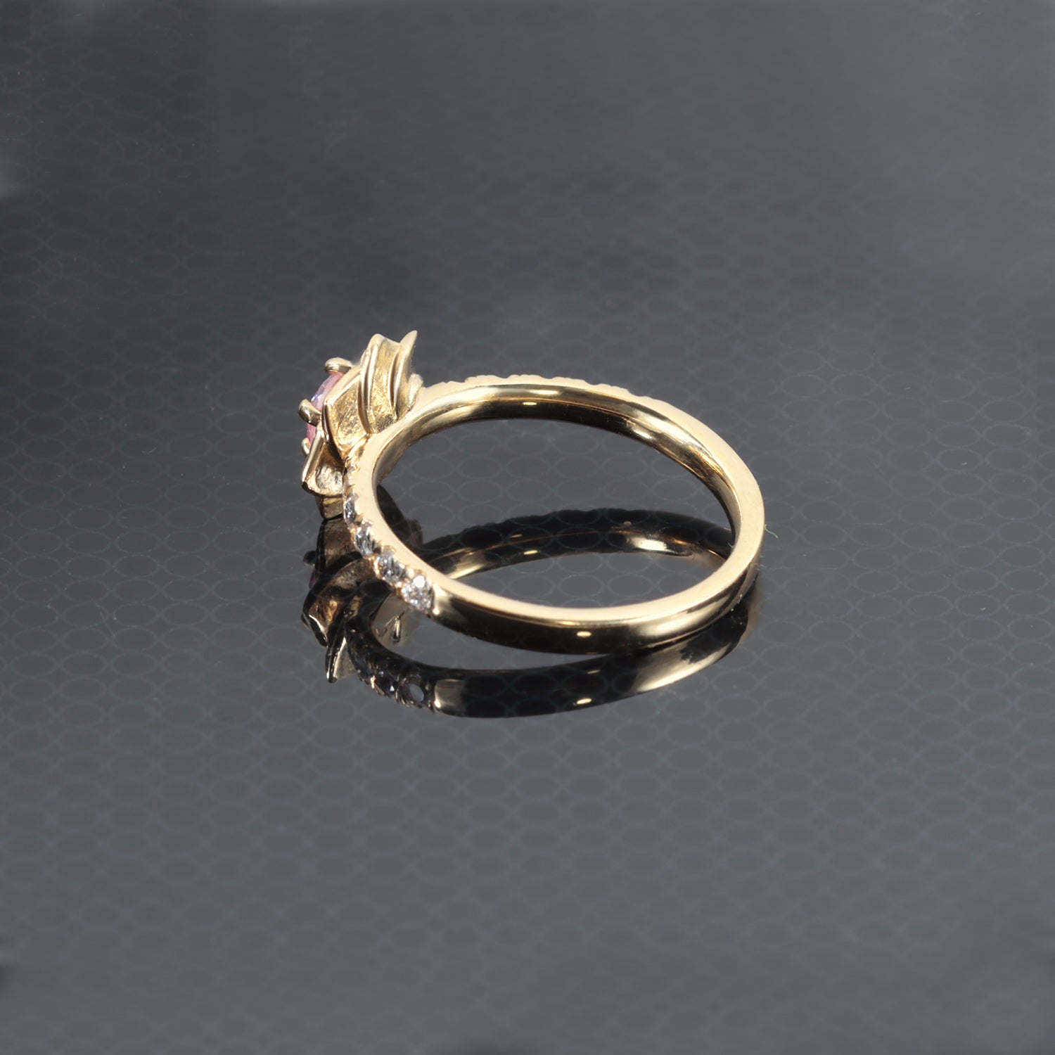 October Birthstone Round Rose Quartz Camellia Ring with Clear Quartz Accents - H.L.Jewelry