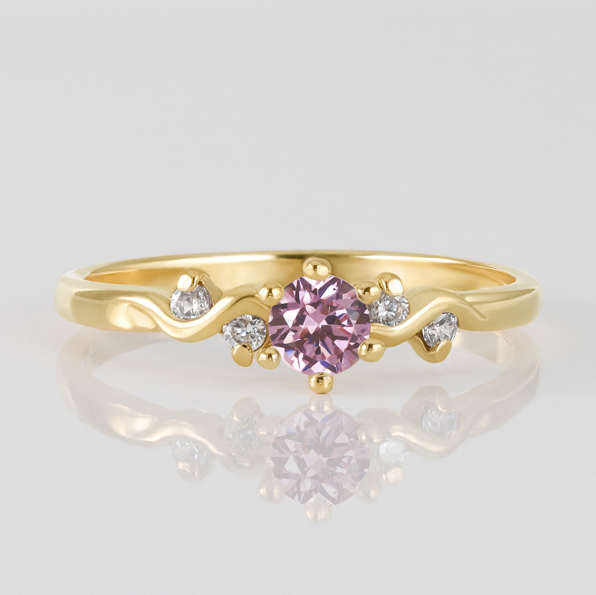 October Birthstone Round Roze Quartz Ring with Clear Quartz Accents - H.L.Jewelry