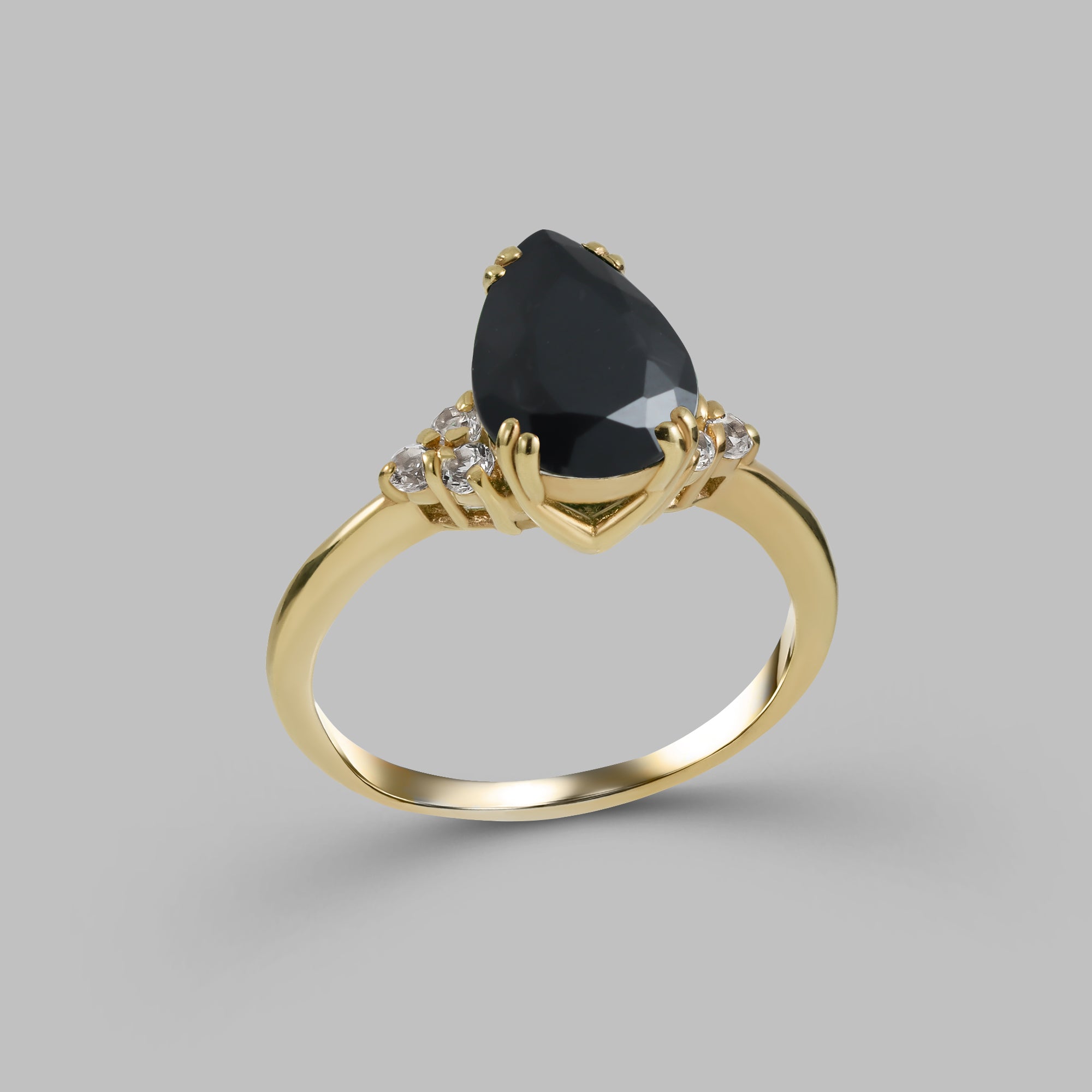 Black Onyx Ring - December Birthstone - Pear-Shaped Black Onyx Gemstone Statement Engagement Ring with Clear Quartz Accents - H.L.Jewelry