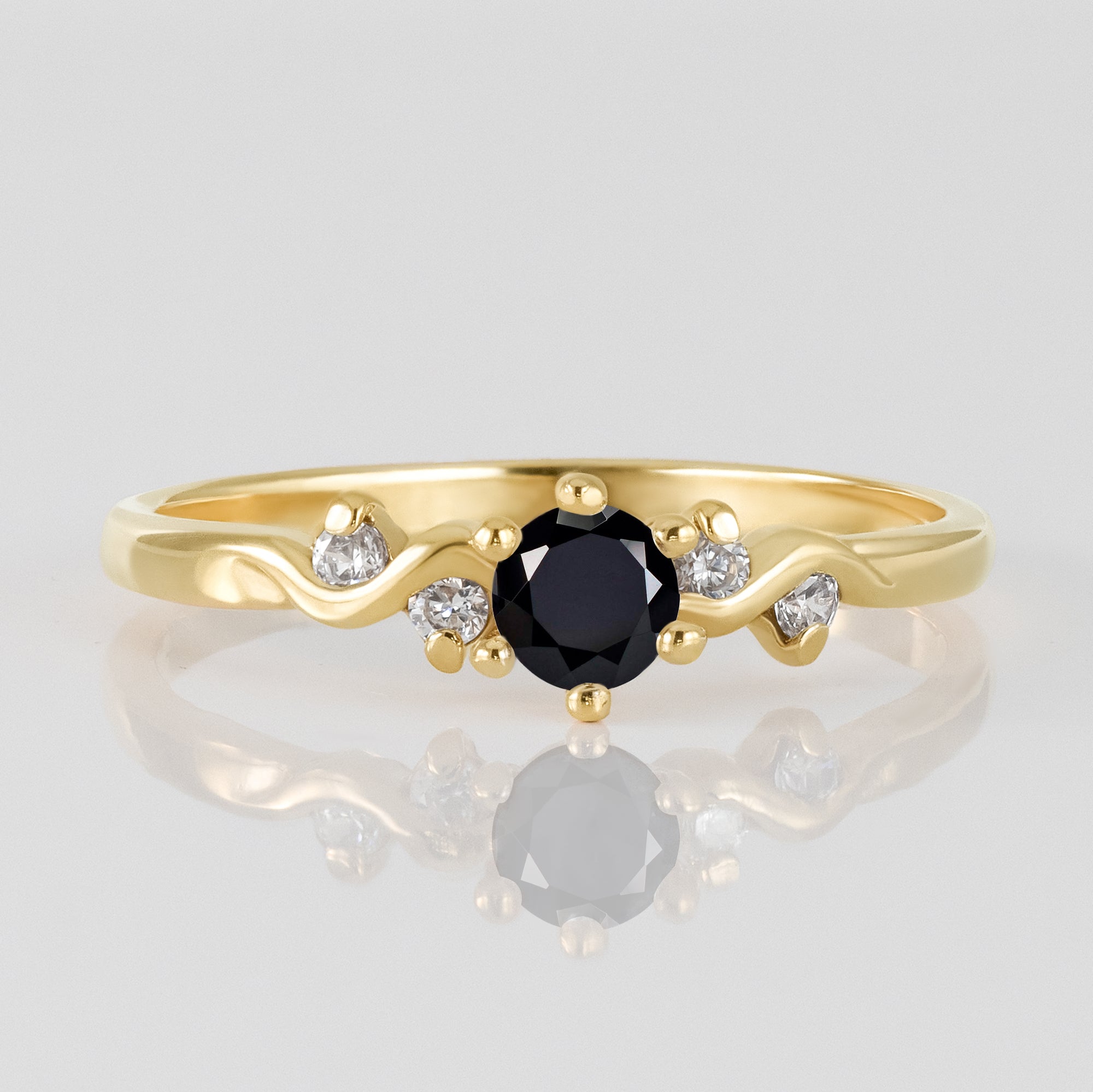 Black Onyx Ring - December Birthstone - Round Black Onyx Gemstone Delicate Ring with Clear Quartz Accents - H.L.Jewelry