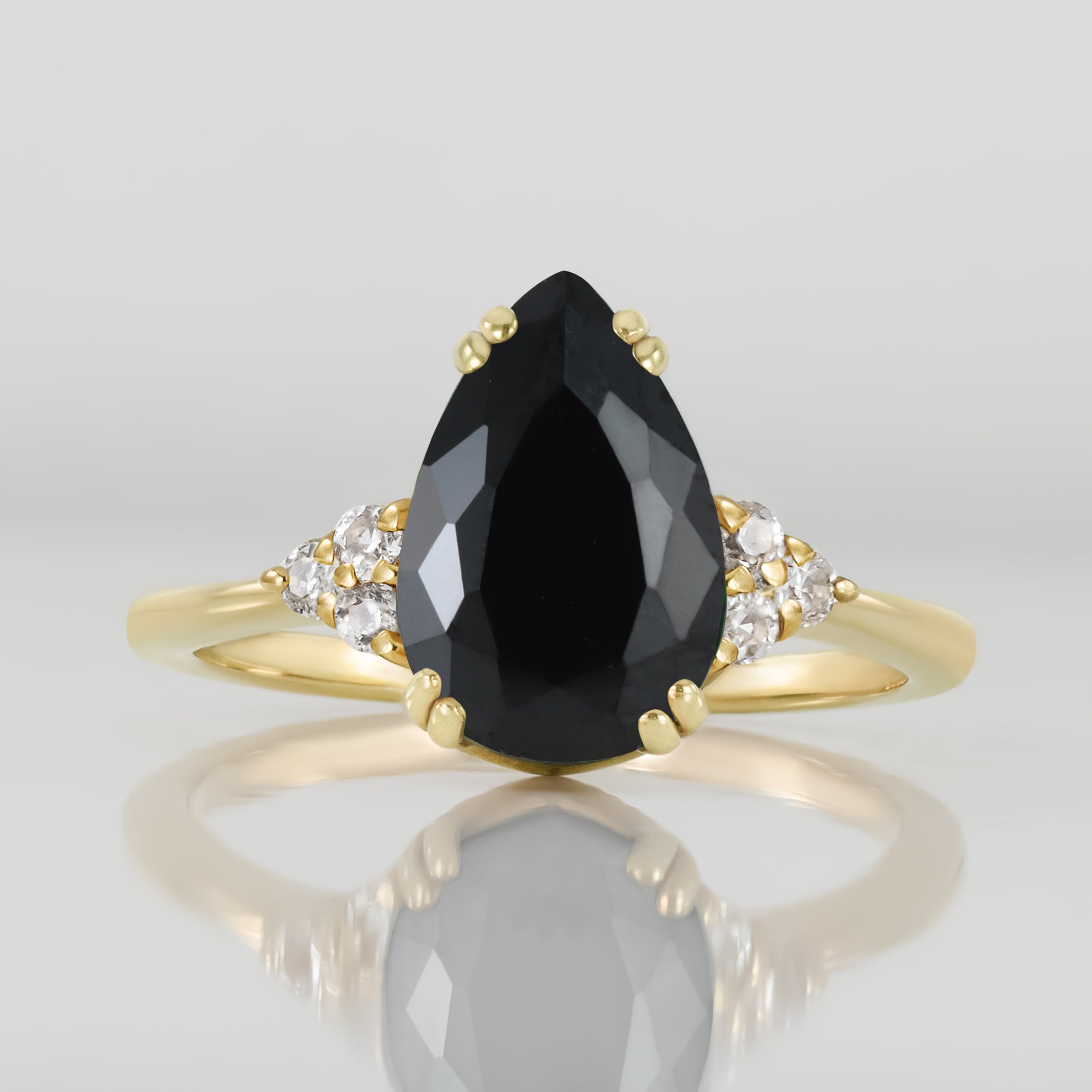 Black Onyx Ring - December Birthstone - Pear-Shaped Black Onyx Gemstone Statement Engagement Ring with Clear Quartz Accents - H.L.Jewelry