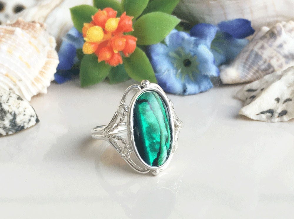 Oval Abalone Shell Gemstone Lace Statement Ring - H.L.Jewelry