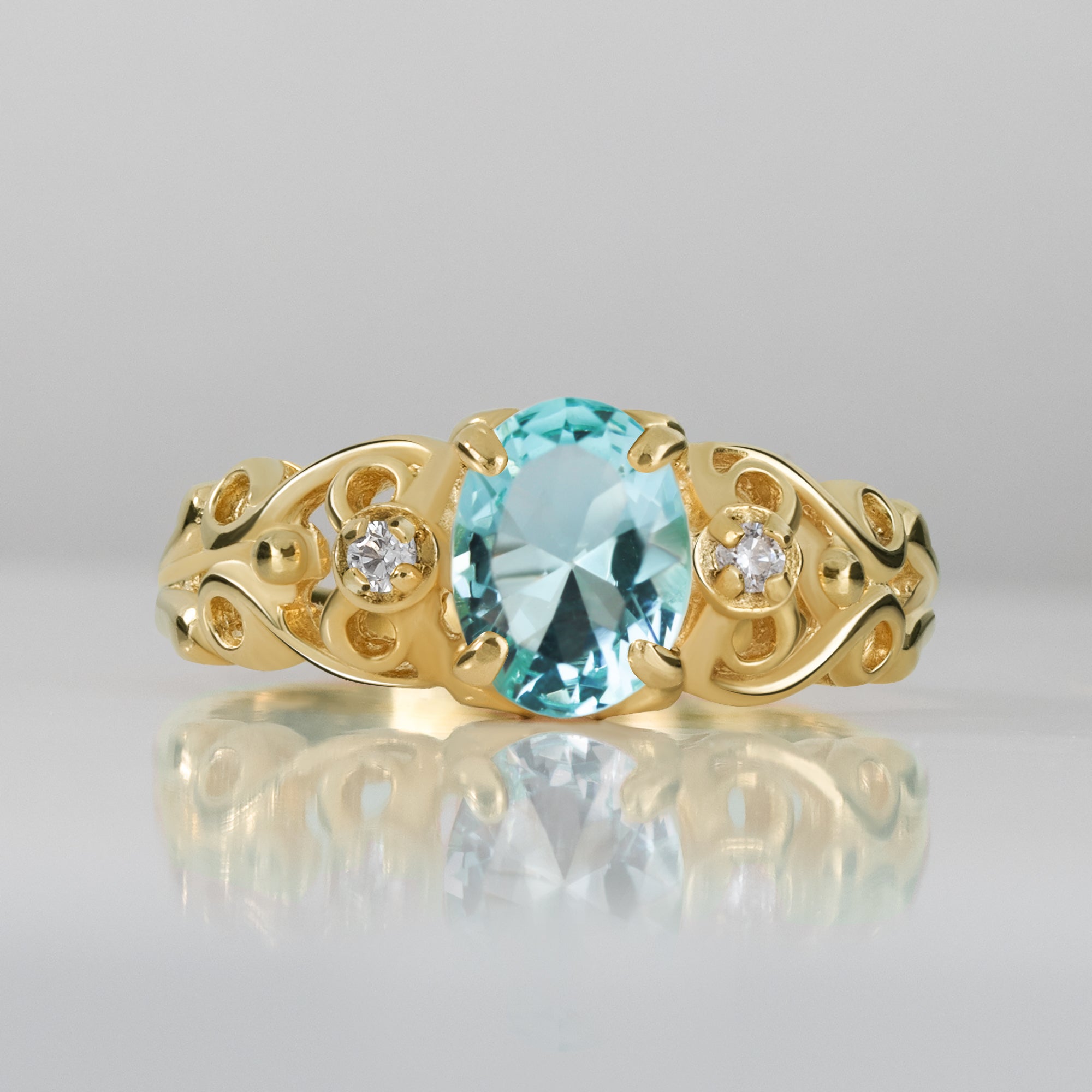 Oval Aquamarine Lace Filigree Ring with Clear Quartz Accents - H.L.Jewelry
