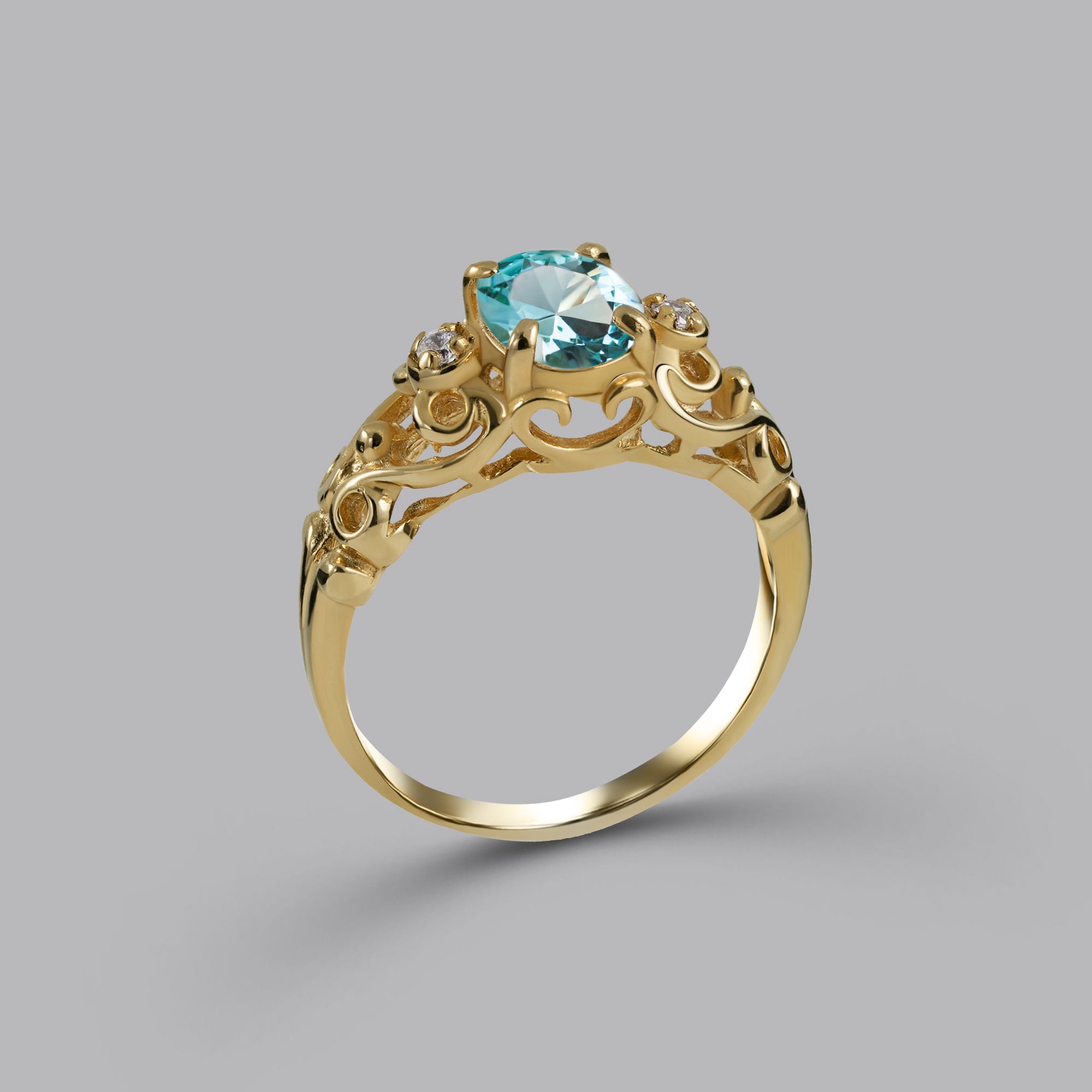 Oval Aquamarine Lace Filigree Ring with Clear Quartz Accents - H.L.Jewelry