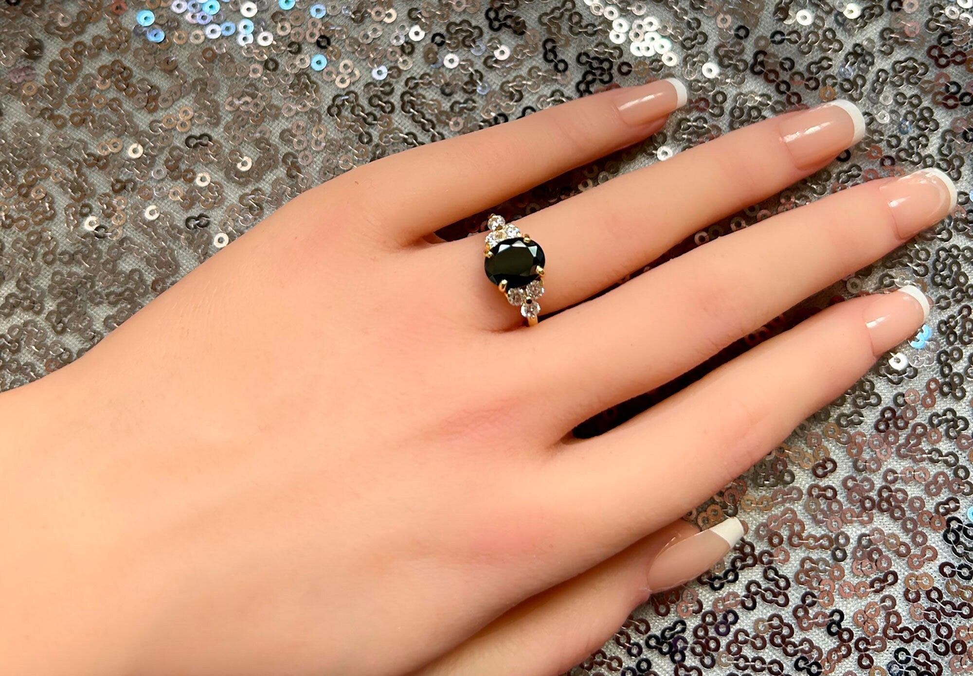 Oval Black Onyx Engagement Ring with Clear Quartz Accents - H.L.Jewelry