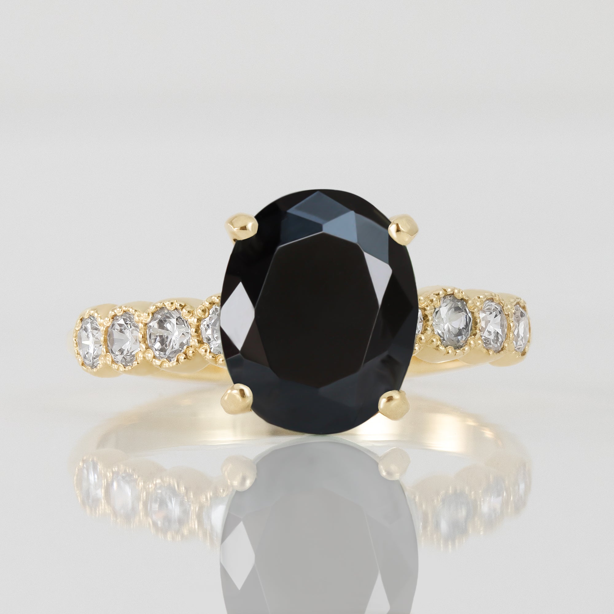 Oval Black Onyx Engagement Ring with Clear Quartz Accents - H.L.Jewelry