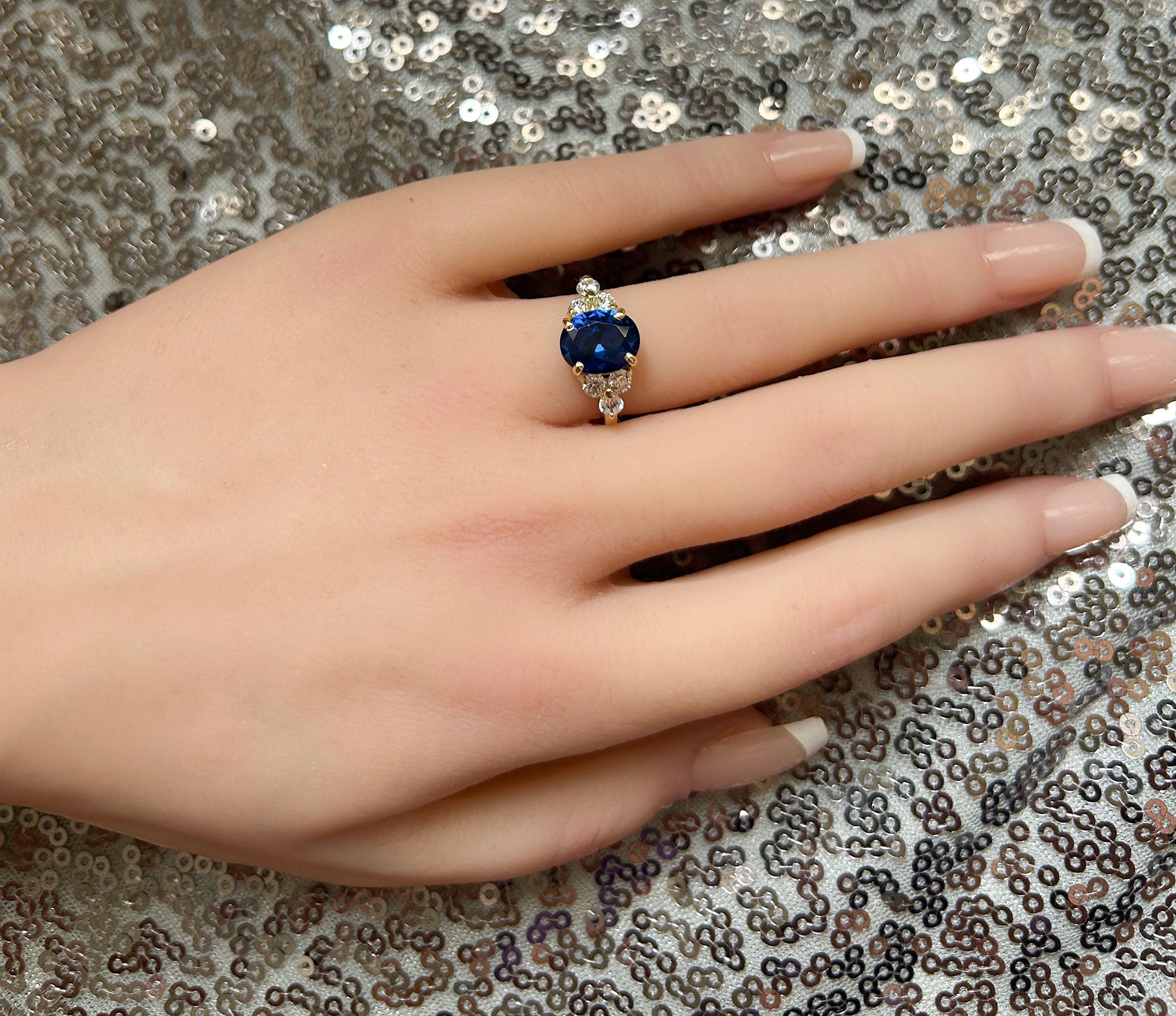 Oval Blue Sapphire Engagement Ring with Clear Quartz Accents - H.L.Jewelry