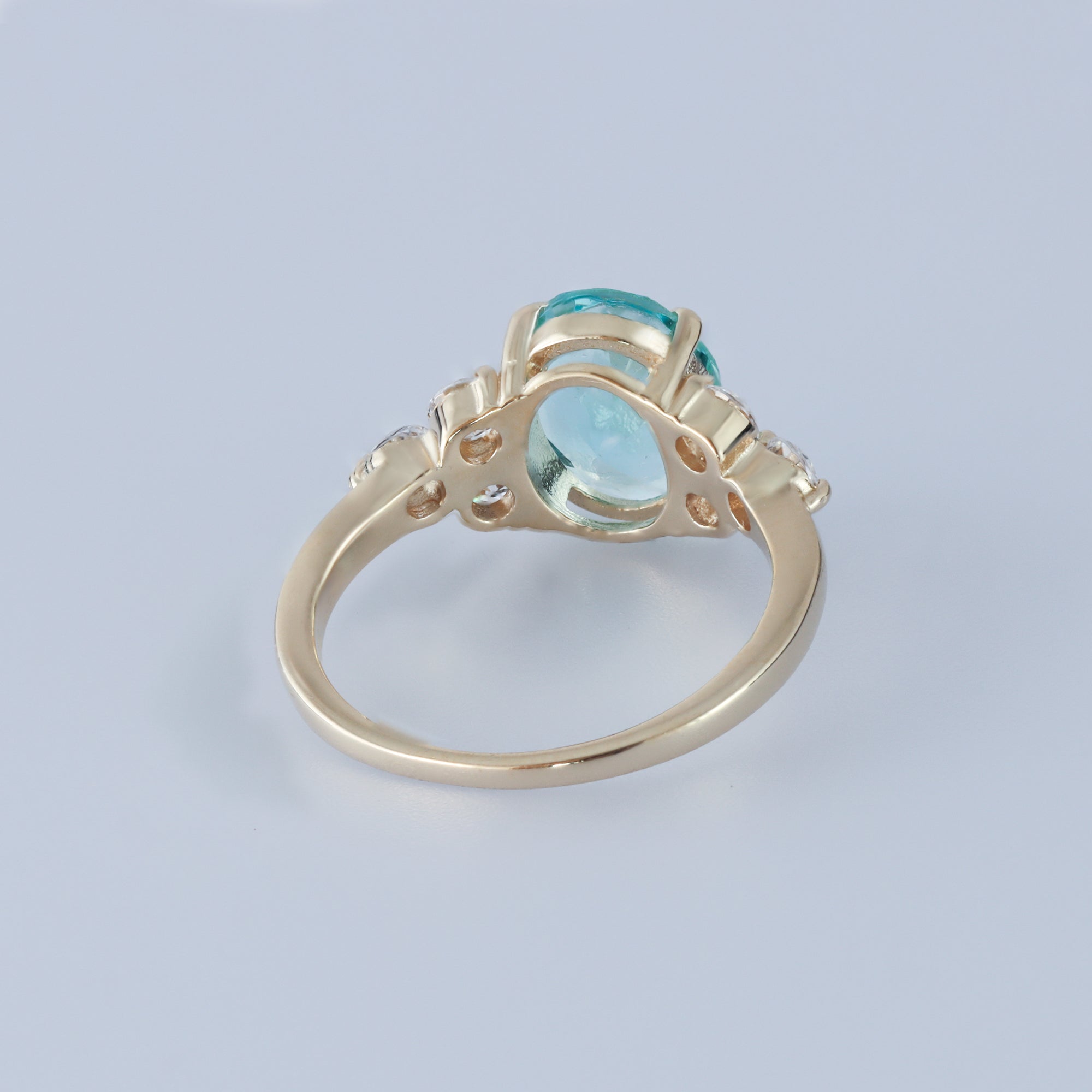 Oval Blue Sapphire Engagement Ring with Clear Quartz Accents - H.L.Jewelry