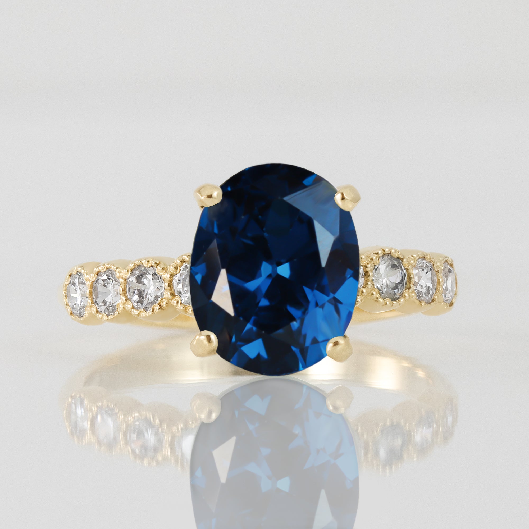 Oval Blue Sapphire Engagement Ring with Clear Quartz Accents - H.L.Jewelry