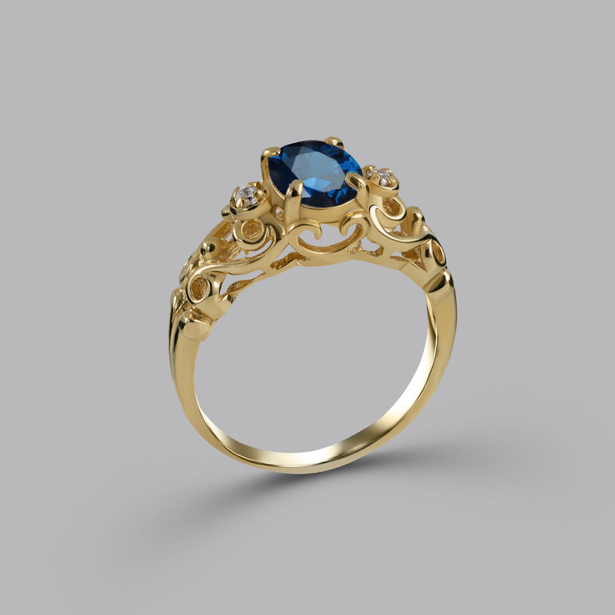 Oval Blue Sapphire Lace Ring with Clear Quartz Accents - H.L.Jewelry