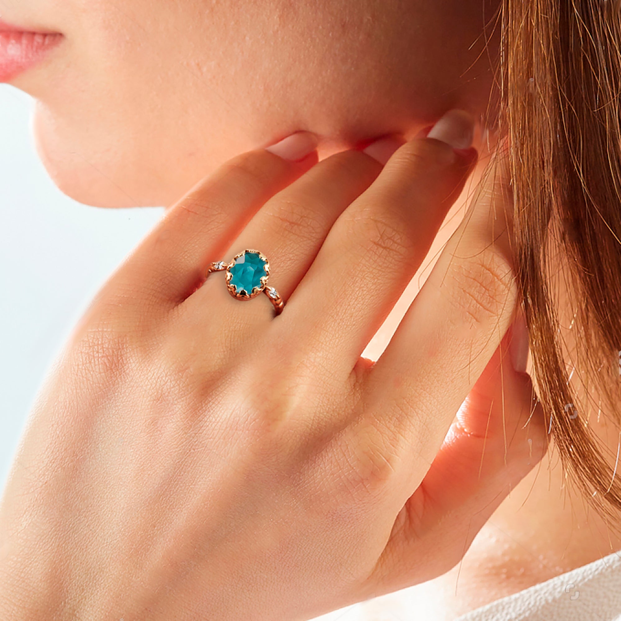 Oval Blue Topaz Vintage Oval Crown Ring with Clear Quartz Accents - H.L.Jewelry