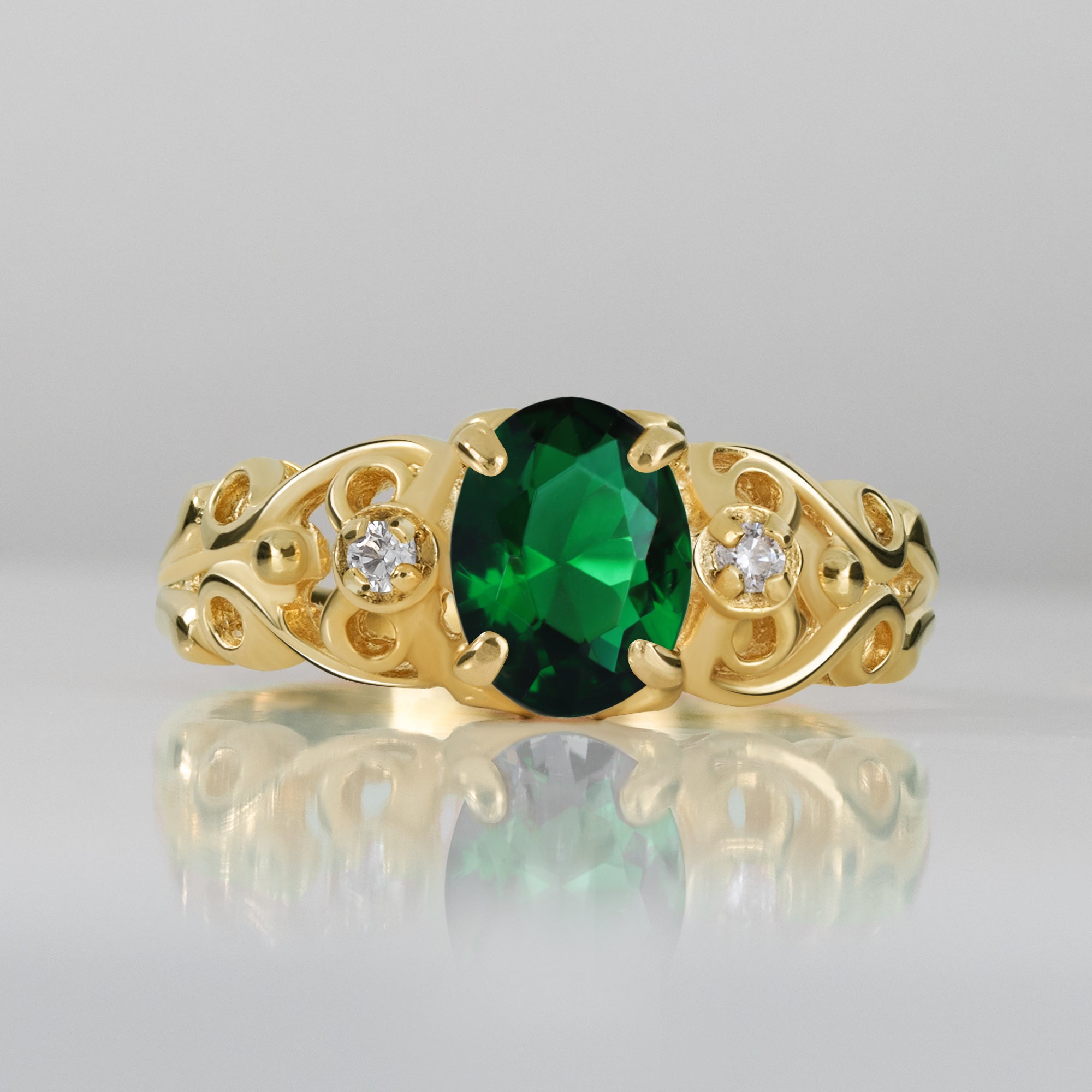 Oval Emerald Gemstone Lace Ring with Clear Quartz Accents - H.L.Jewelry