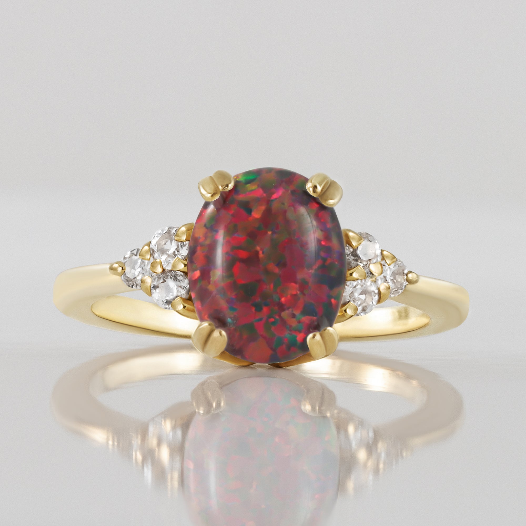 Oval Fire Opal Engagement Ring with Clear Quartz Accents - H.L.Jewelry