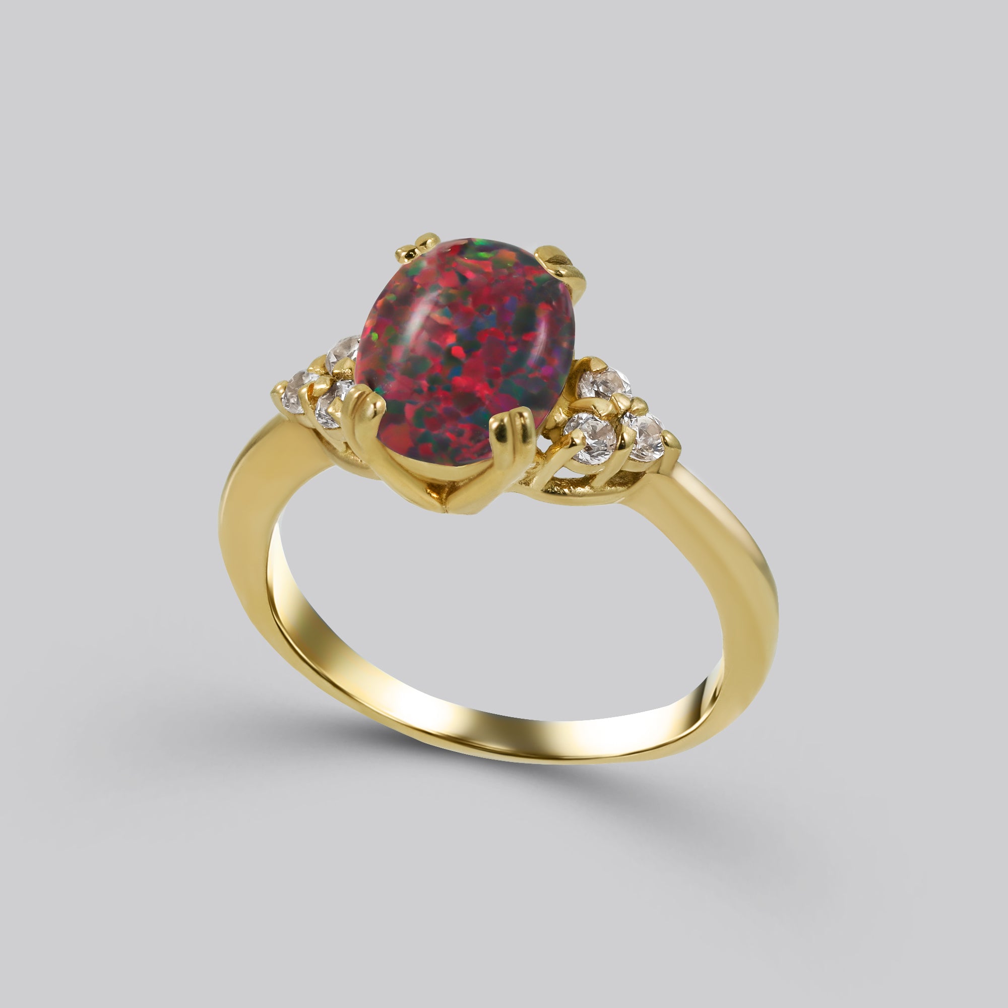 Oval Fire Opal Engagement Ring with Clear Quartz Accents - H.L.Jewelry