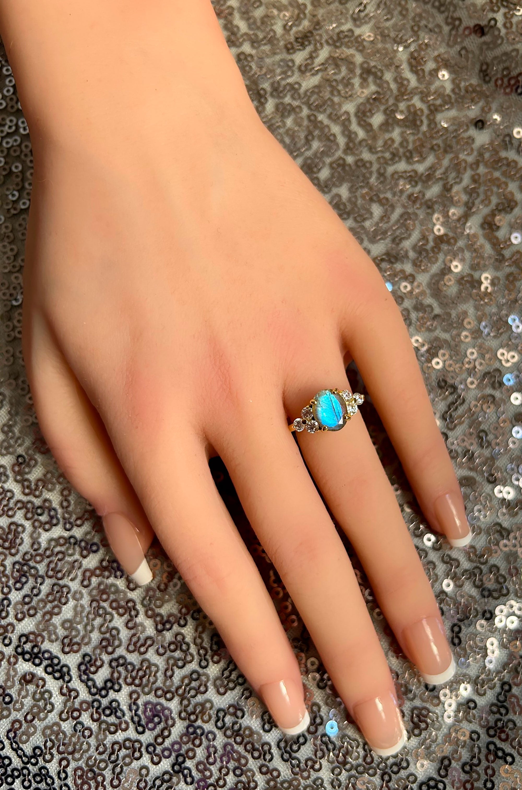 Oval Labradorite Engagement Ring with Clear Quartz Accents - H.L.Jewelry