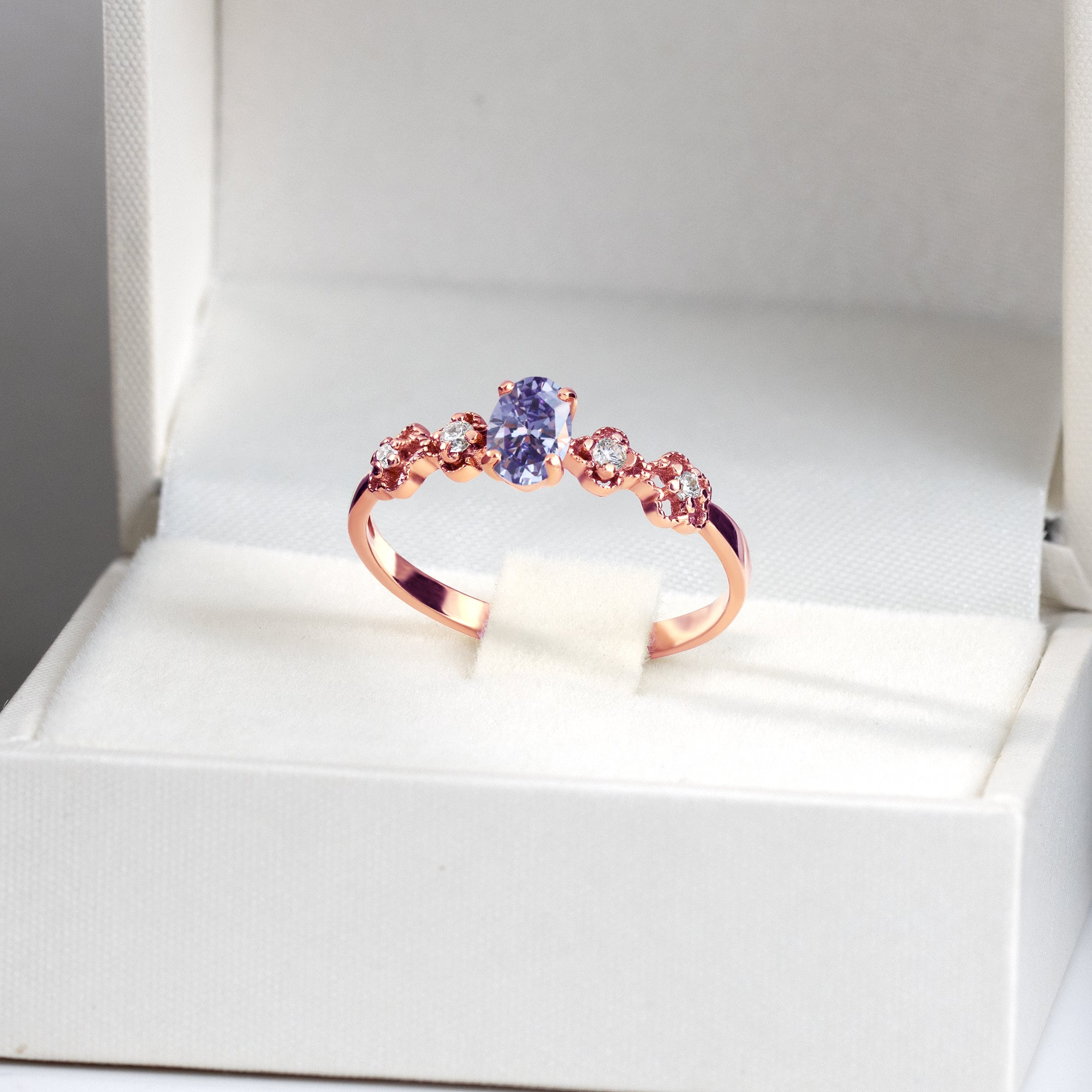 Oval Lavender Amethyst Flower Ring with Clear Quartz Accents - H.L.Jewelry