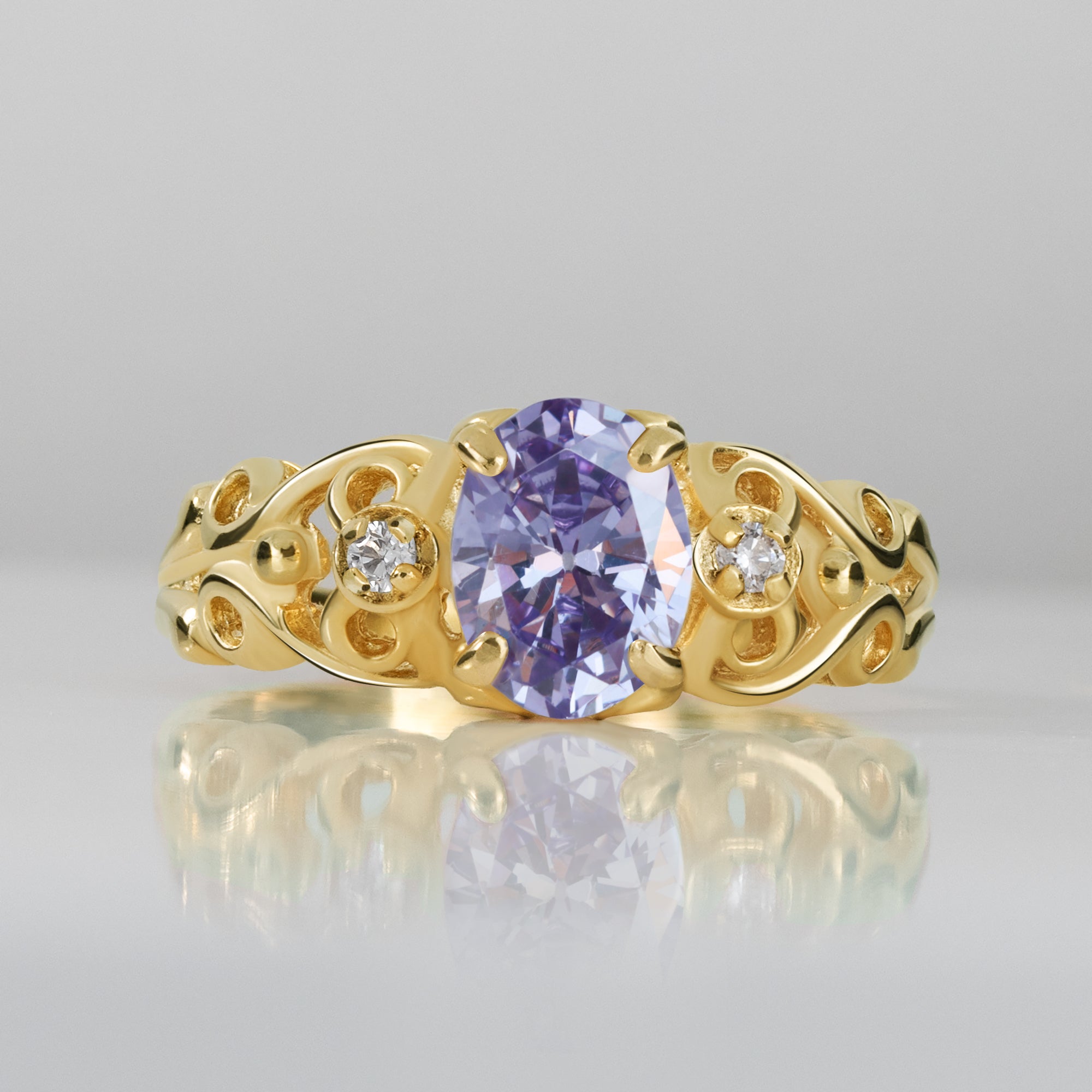Oval Lavender Amethyst Gemstone Lace Ring with Clear Quartz Accents - H.L.Jewelry