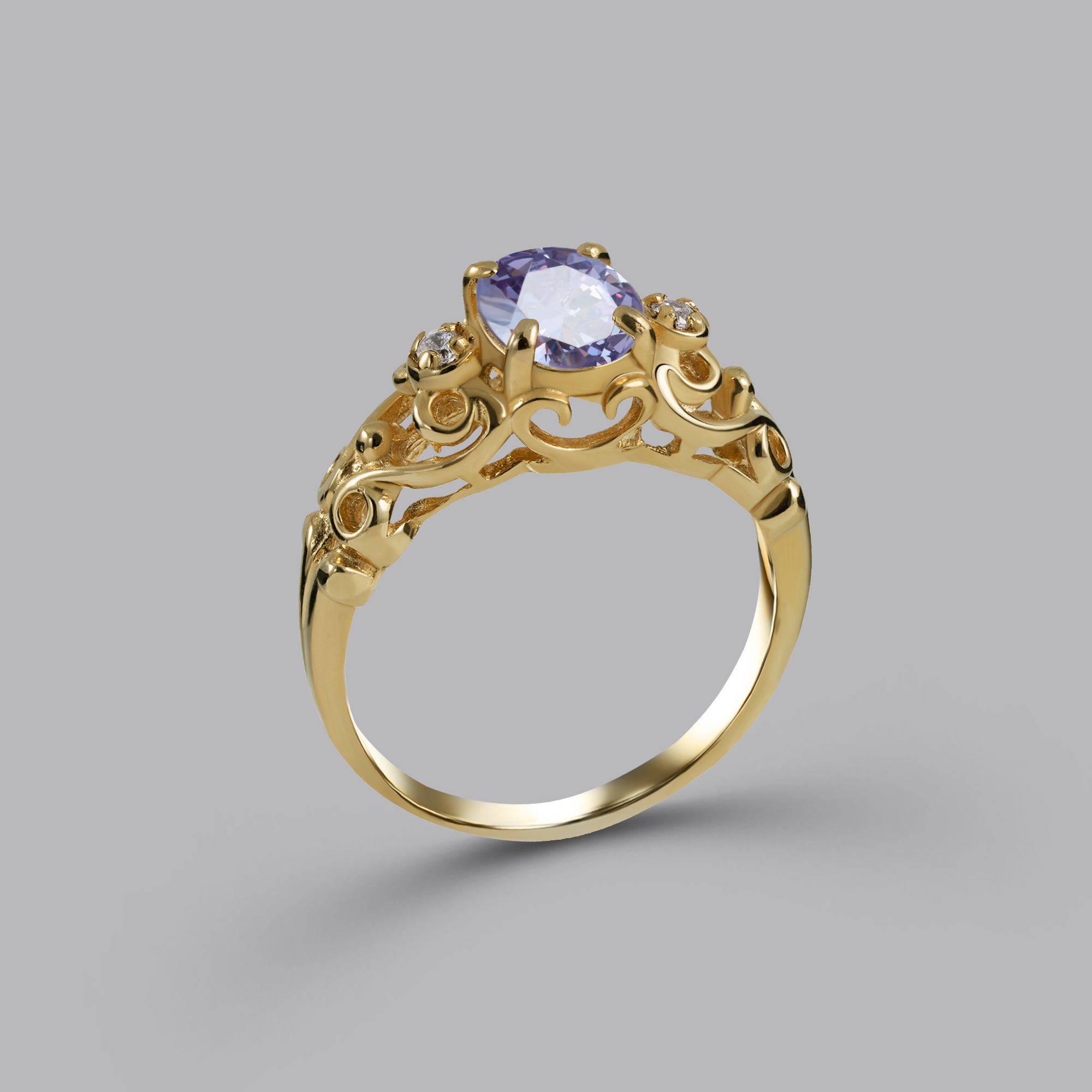 Oval Lavender Amethyst Gemstone Lace Ring with Clear Quartz Accents - H.L.Jewelry