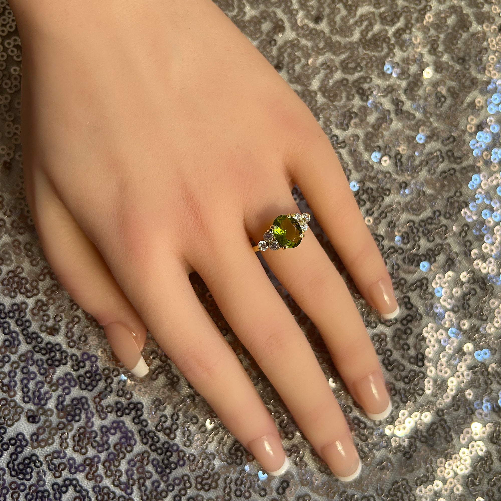 Oval Peridot Engagement Ring with Clear Quartz Accents - H.L.Jewelry
