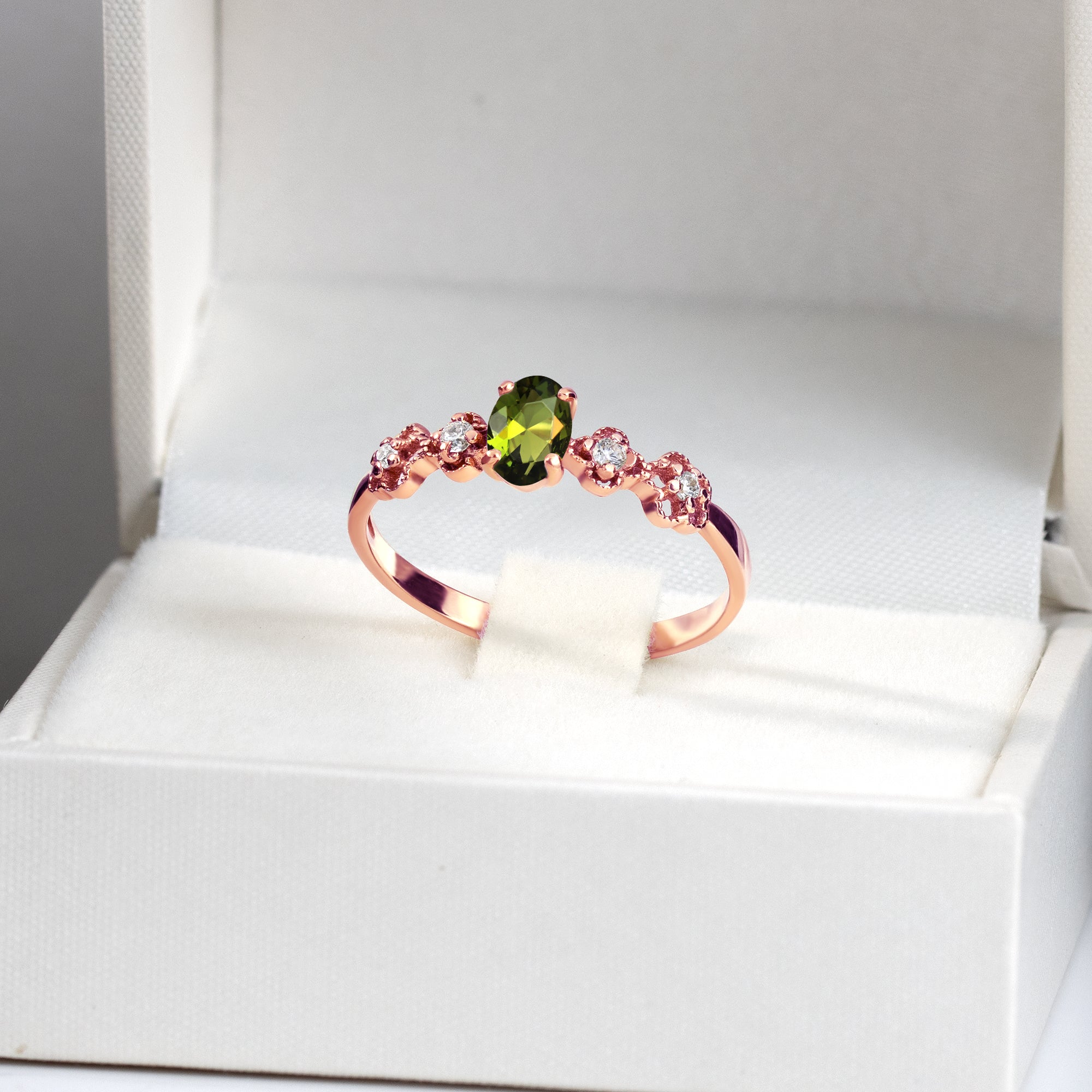 Oval Peridot Flower Ring with Clear Quartz Accents - H.L.Jewelry