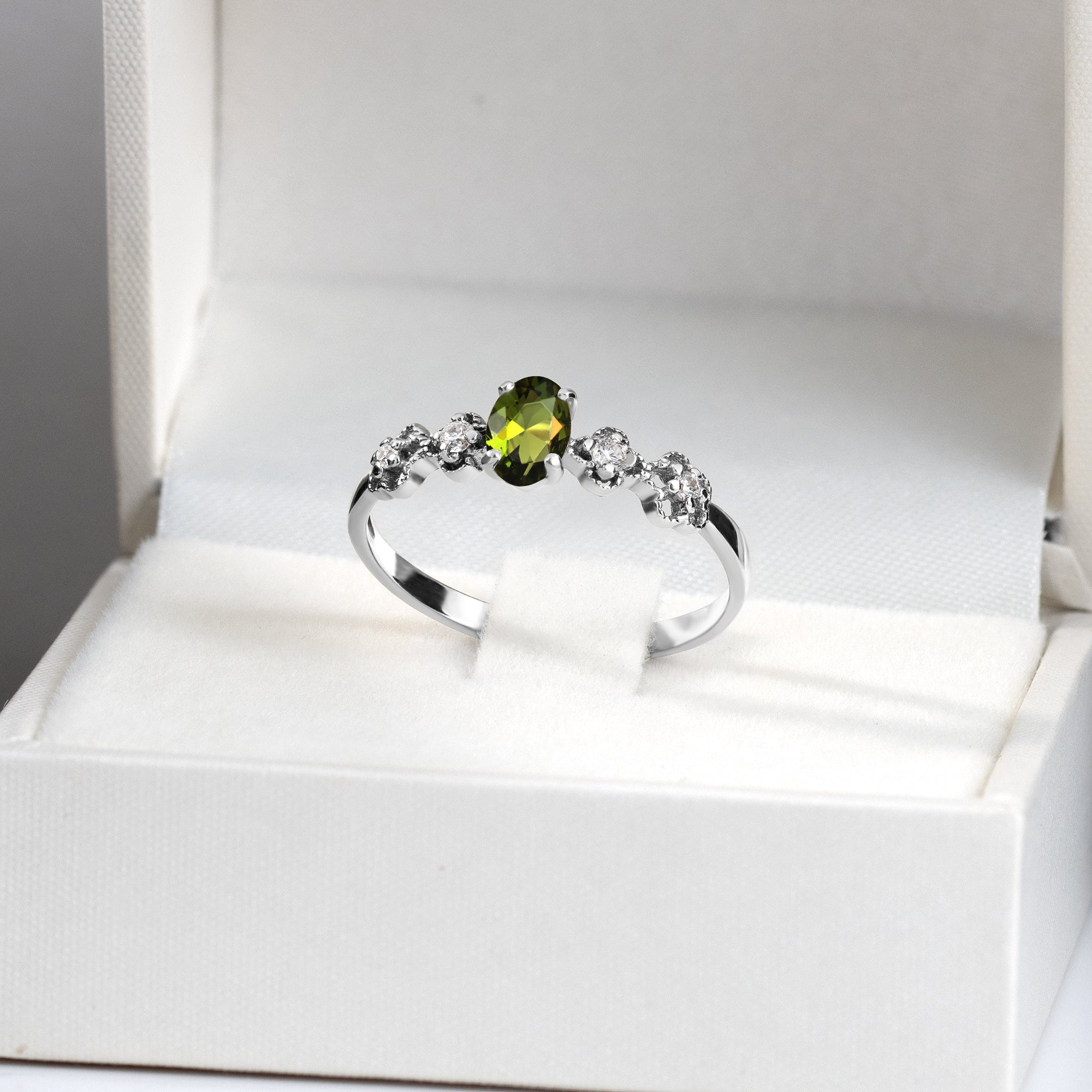 Oval Peridot Flower Ring with Clear Quartz Accents - H.L.Jewelry