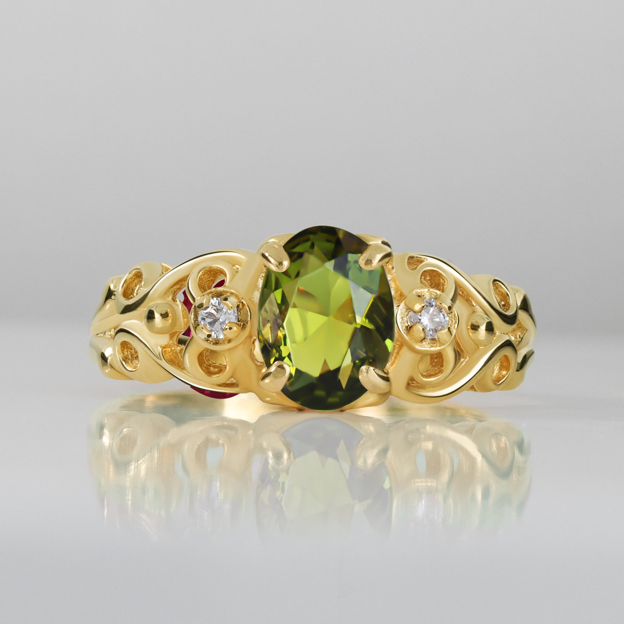 Oval Peridot Gemstone Lace Ring with Clear Quartz Accents - H.L.Jewelry