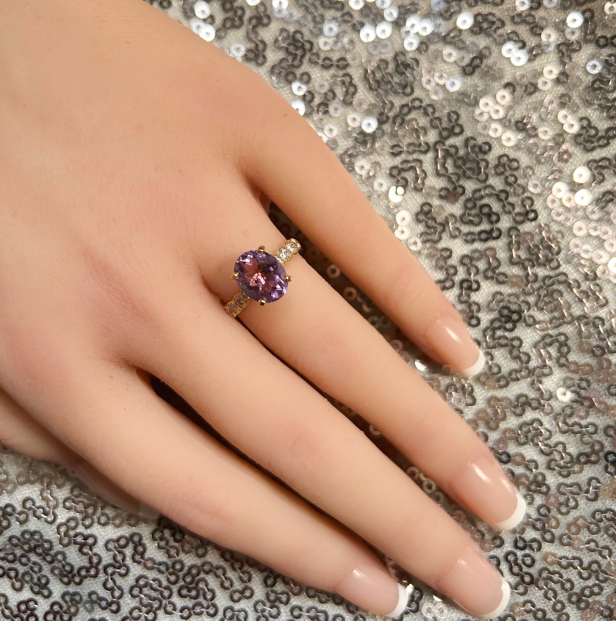 Oval Purple Amethyst Engagement Ring with Clear Quartz Accents - H.L.Jewelry