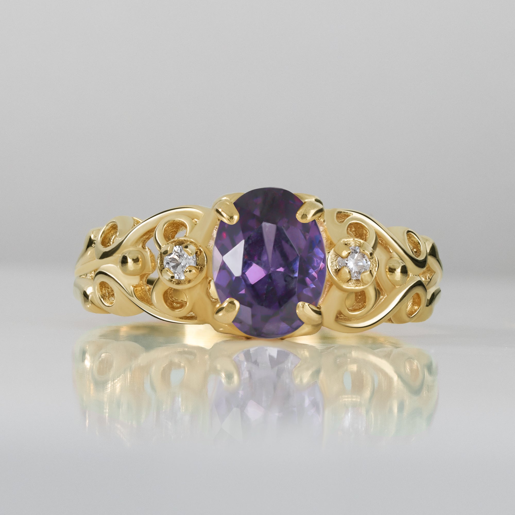 Oval Purple Amethyst Filigree Ring with Clear Quartz Accents - H.L.Jewelry