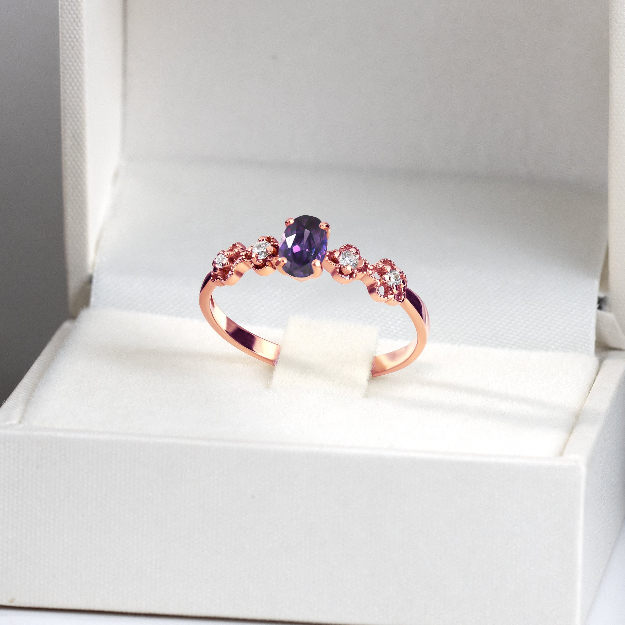 Oval Purple Amethyst Flower Ring with Clear Quartz Accents - H.L.Jewelry
