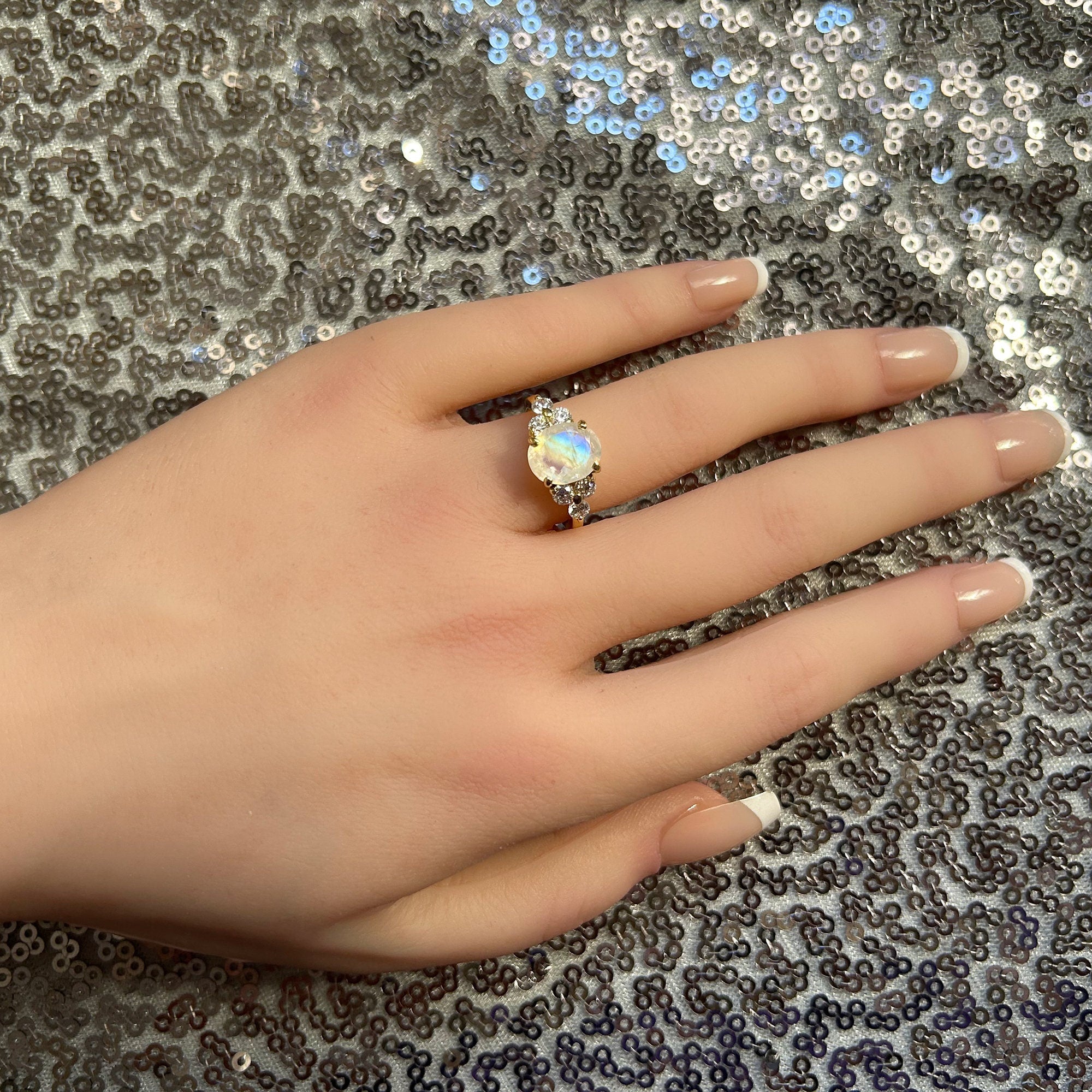 Oval Rainbow Moonstone Engagement Ring with Clear Quartz Accents - H.L.Jewelry