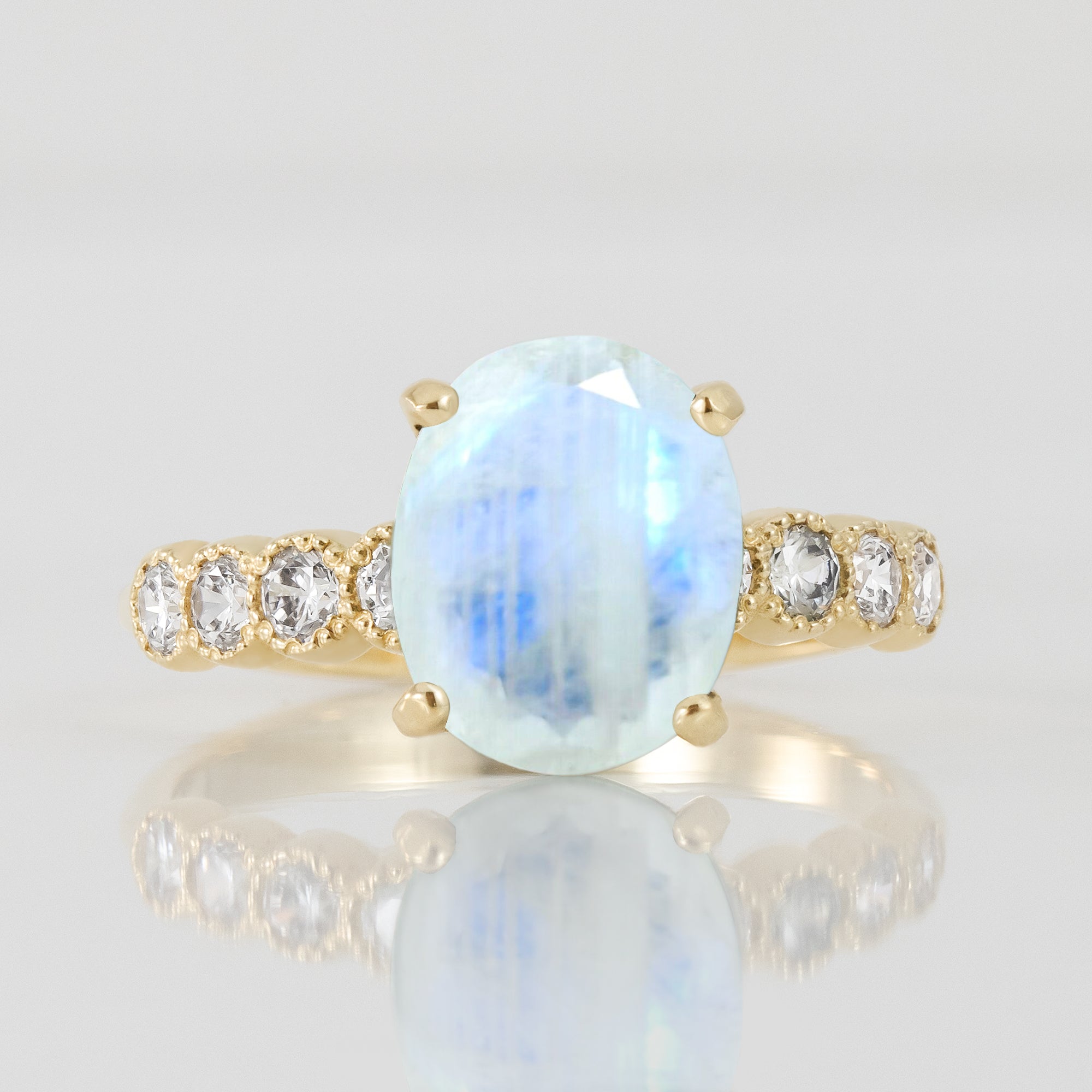 Oval Rainbow Moonstone Engagement Ring with Clear Quartz Accents - H.L.Jewelry