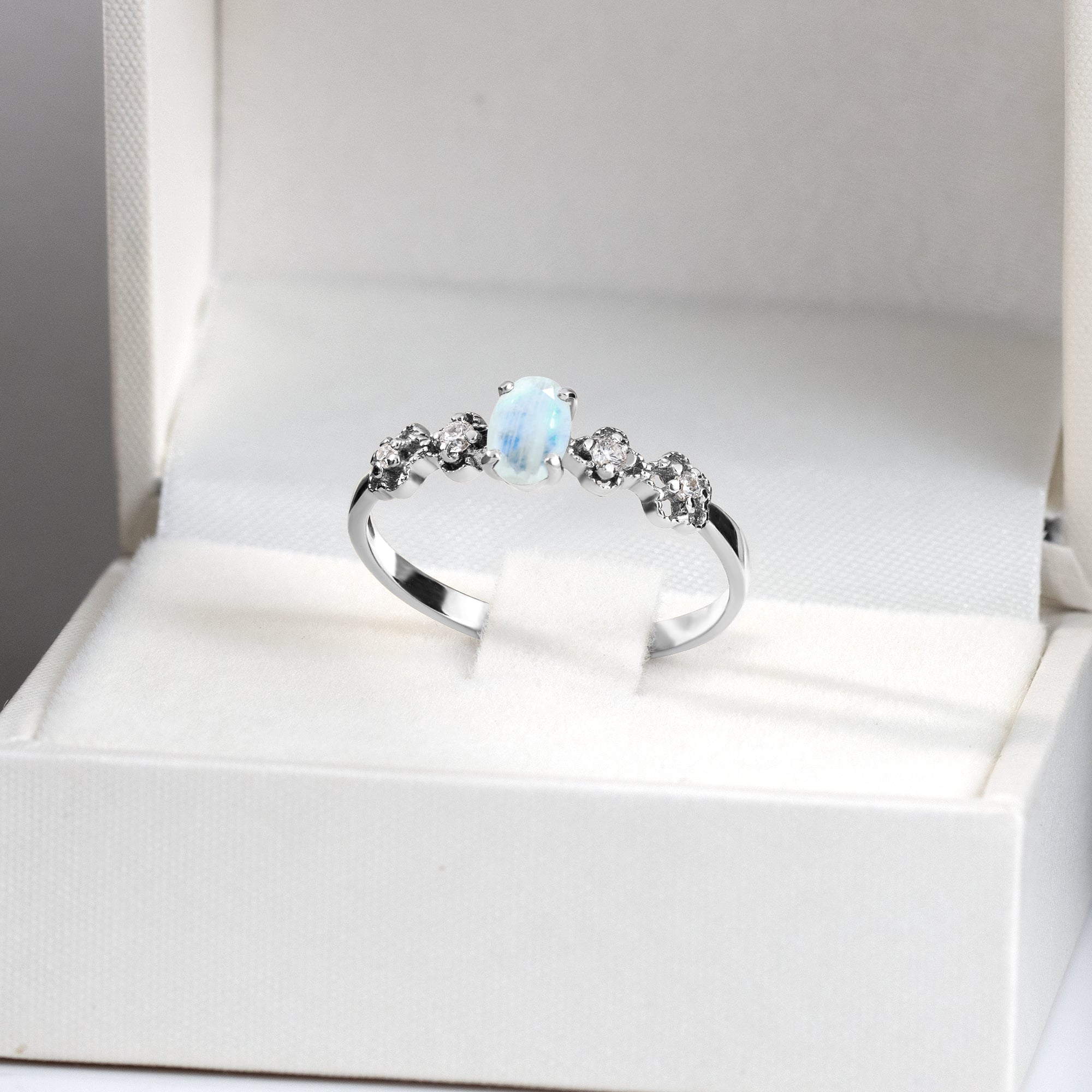 Oval Rainbow Moonstone Flower Ring with Clear Quartz Accents - H.L.Jewelry