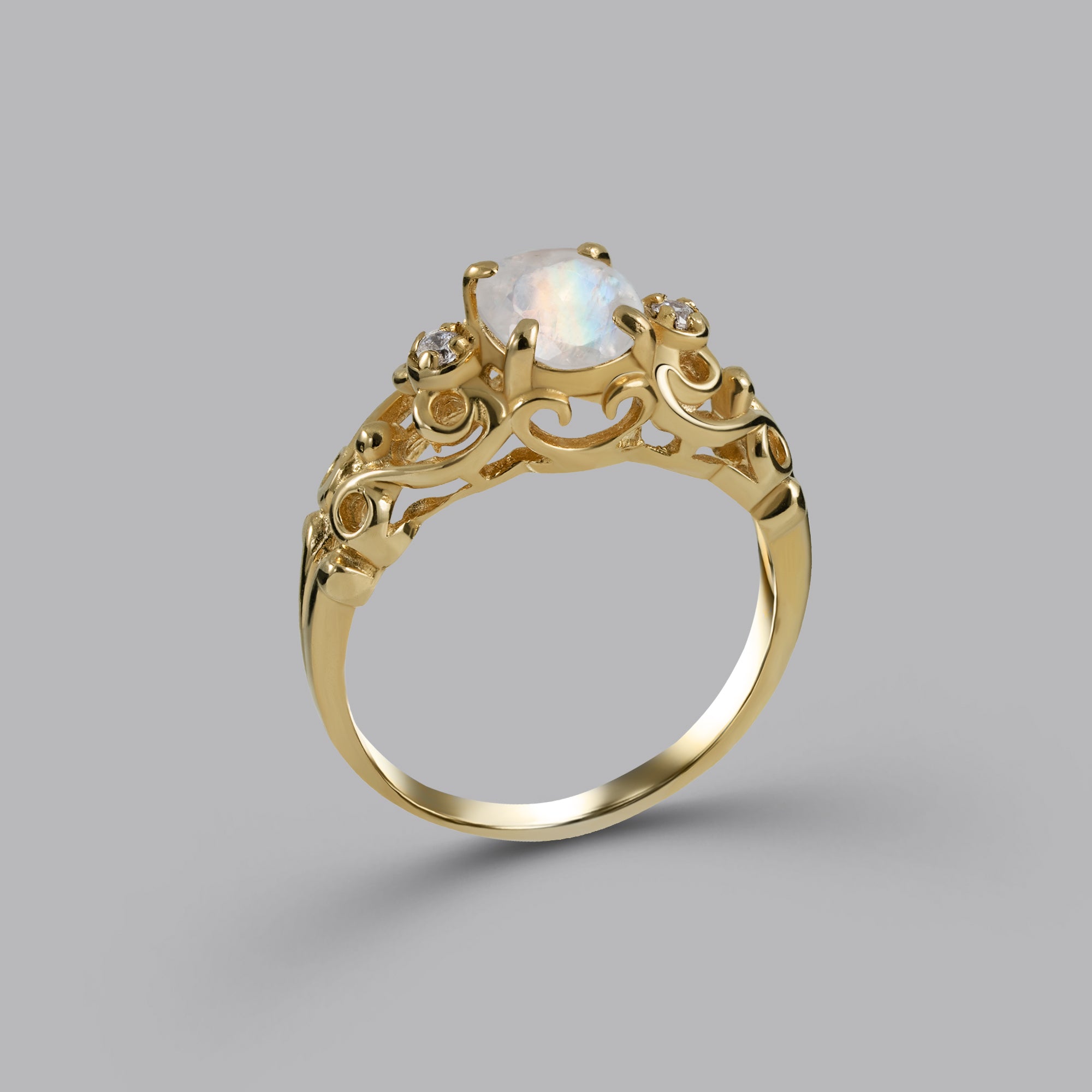 Oval Rainbow Moonstone Lace Ring with Clear Quartz Accents - H.L.Jewelry
