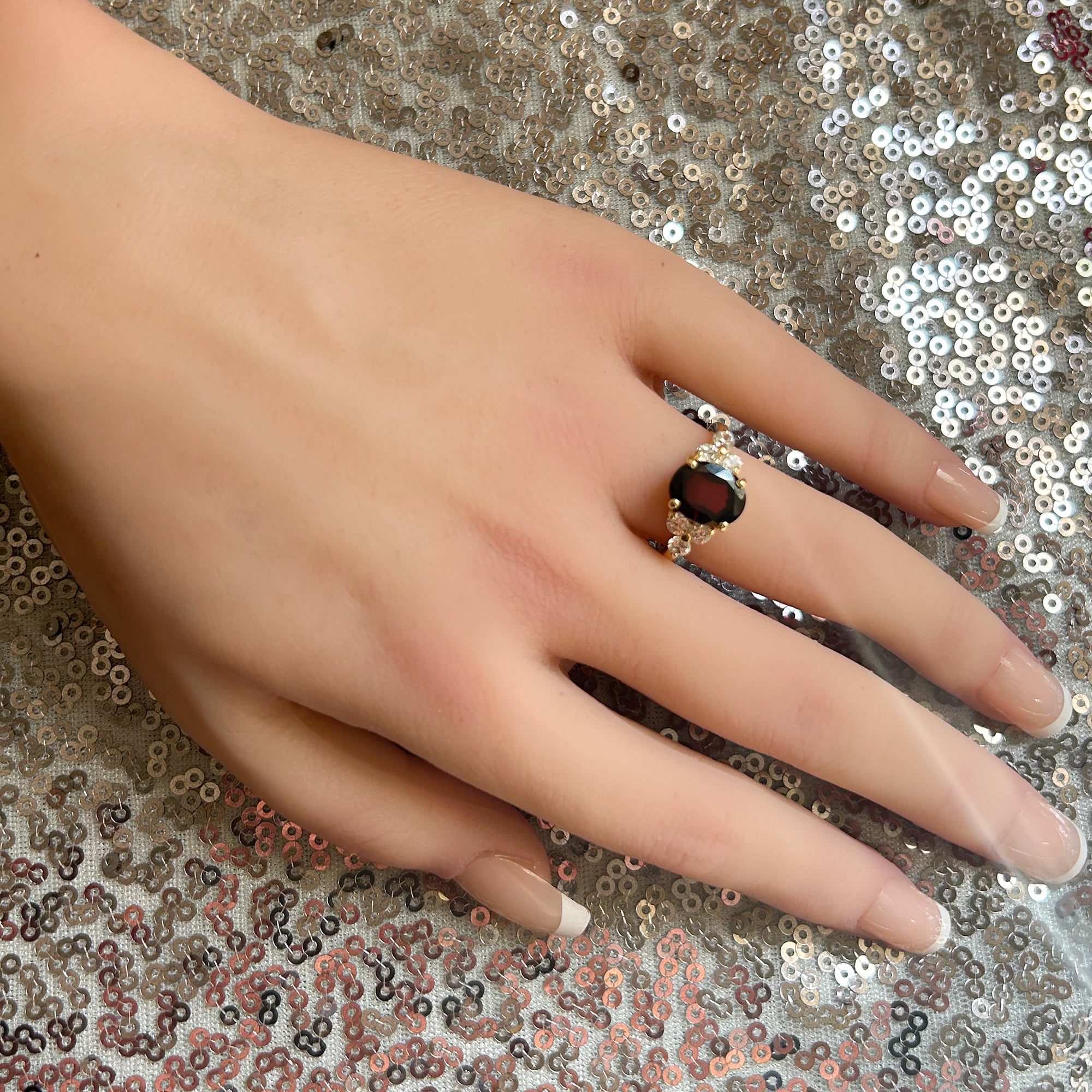 Oval Red Garnet Engagement Ring with Clear Quartz Accents - H.L.Jewelry