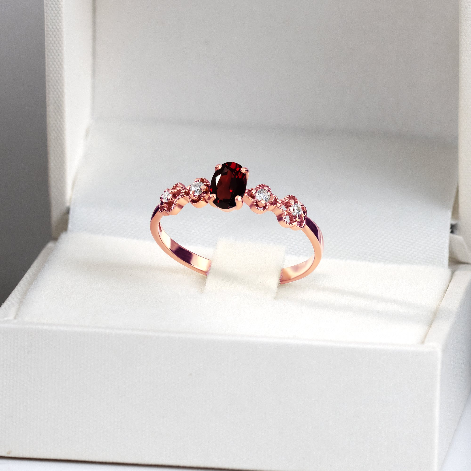Oval Red Garnet Flower Ring with Clear Quartz Accents - H.L.Jewelry