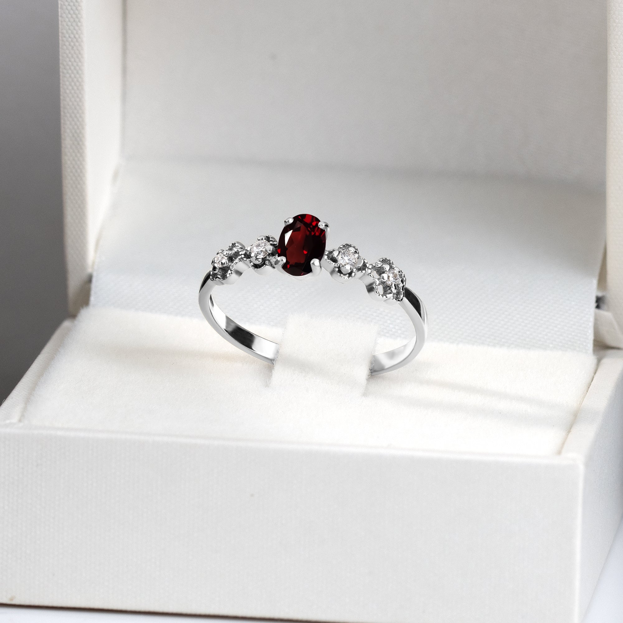 Oval Red Garnet Flower Ring with Clear Quartz Accents - H.L.Jewelry