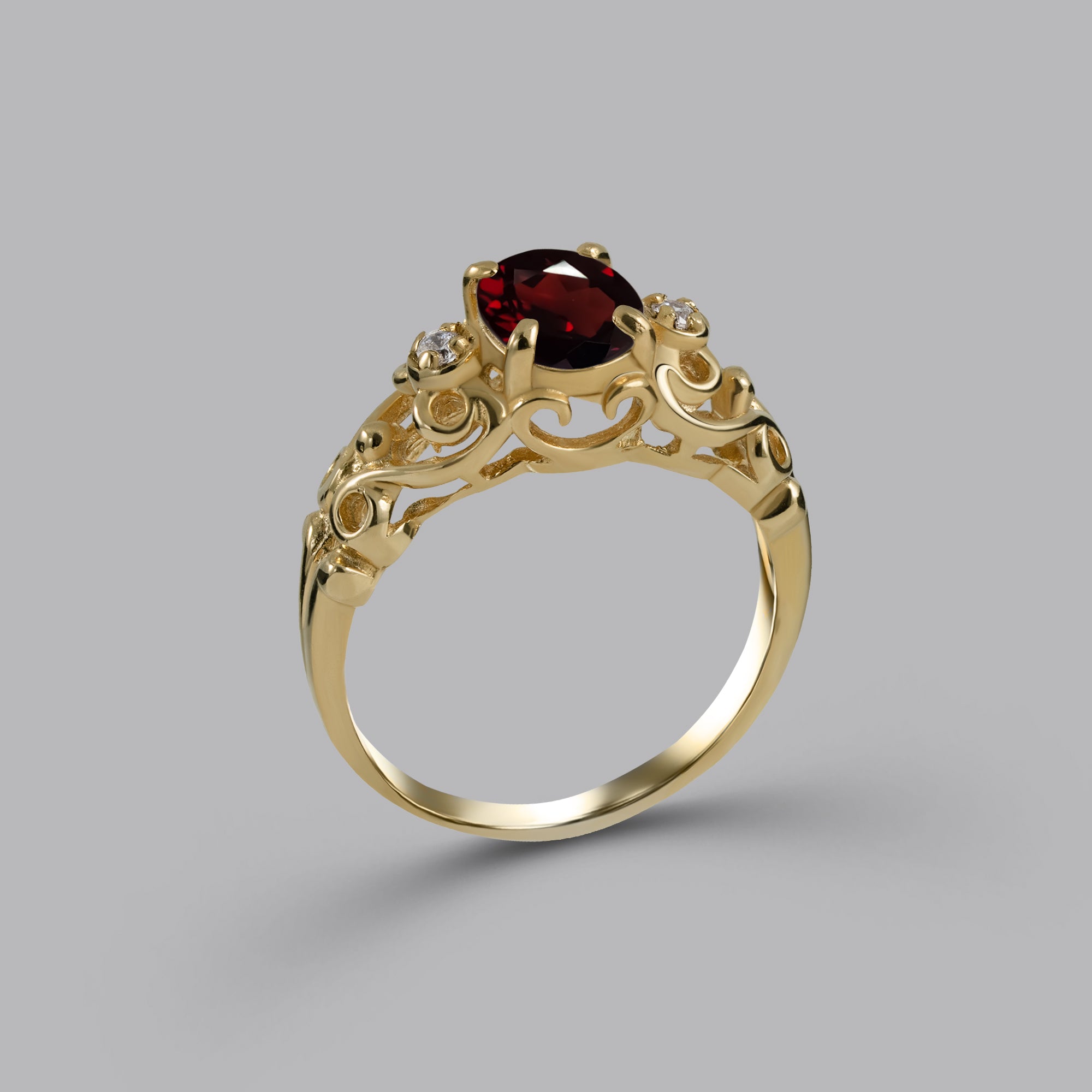 Oval Red Garnet Lace Ring with Clear Quartz Accents - H.L.Jewelry