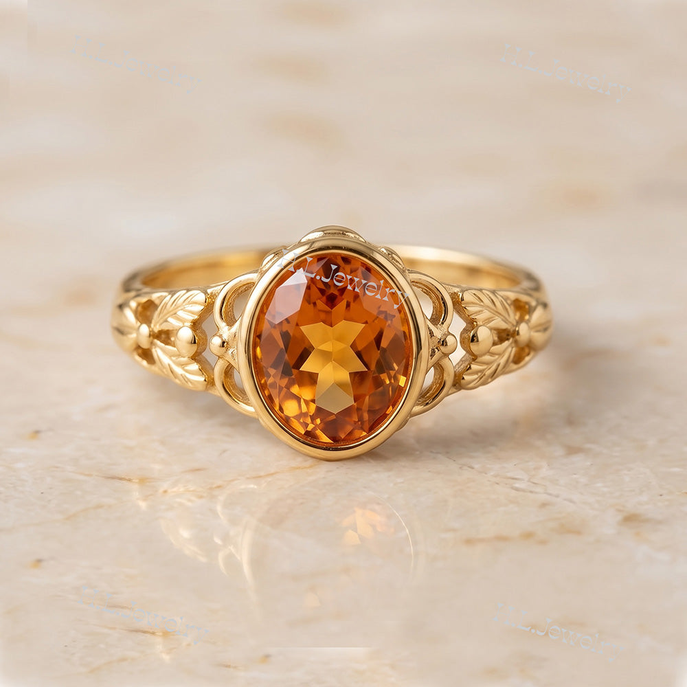 Oval Rose Cut Citrine Vintage-Inspired Gemstone Lace Ring - H.L.Jewelry